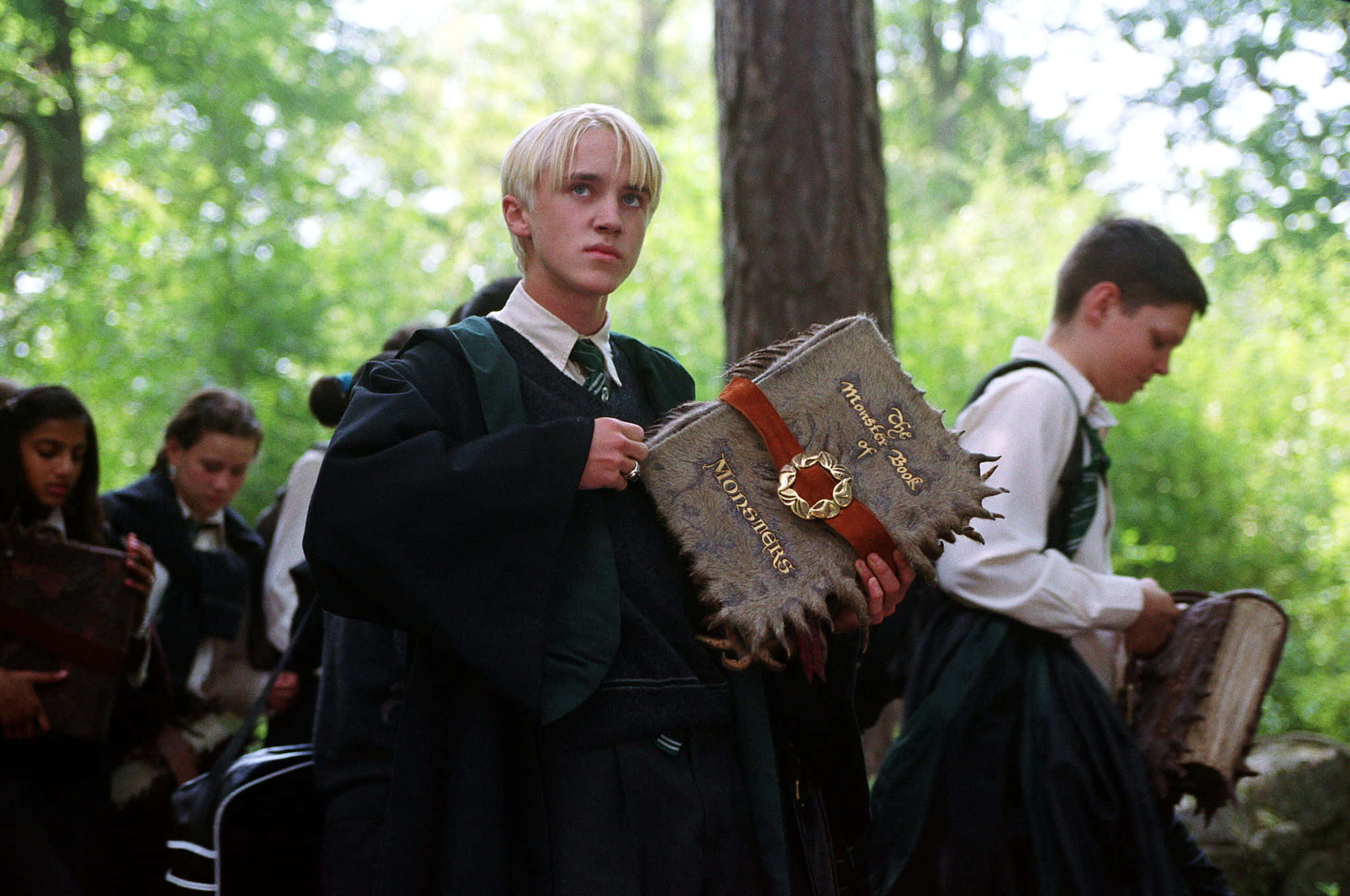The Prisoner Of Azkaban 桌布 壁紙 — 一位穿著霍格華茲長袍的年輕巫師在陽光明媚的森林空地中與同學一起拿著一本帶刺的怪物書。