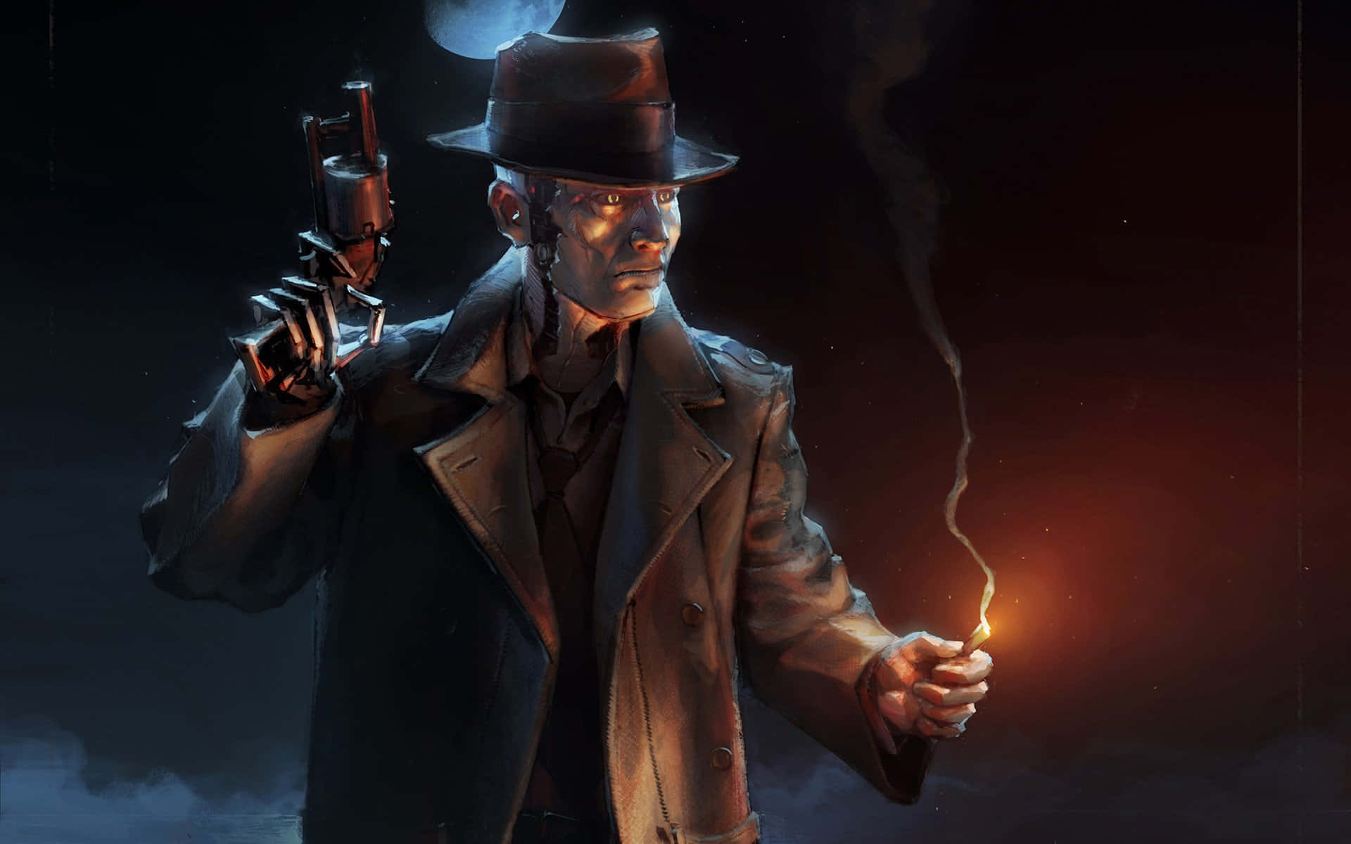 Nick Valentine 桌布 壁紙 — 一位穿著風衣、戴著軟呢帽的偵探，在黑暗的月光背景下，手持冒煙的槍和點燃的火柴。
