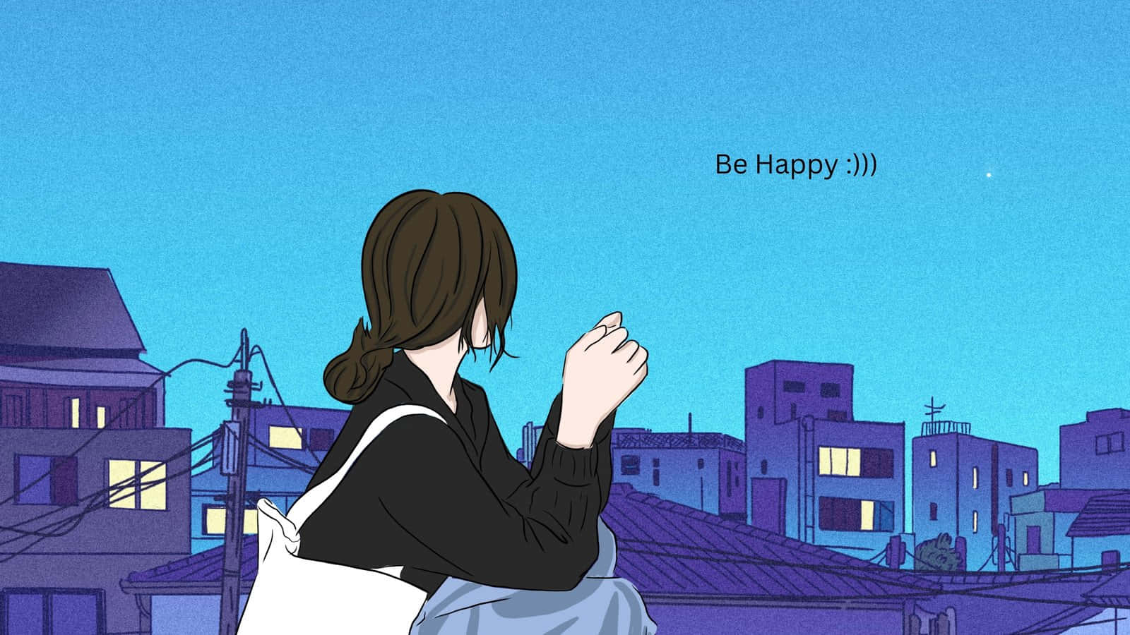 Animated Desktop 桌布 壁紙 — 一位穿著黑色毛衣的年輕女子凝視著暮色中的城市景觀，窗戶閃爍著光芒，上方有文字「要開心哦 :))」。