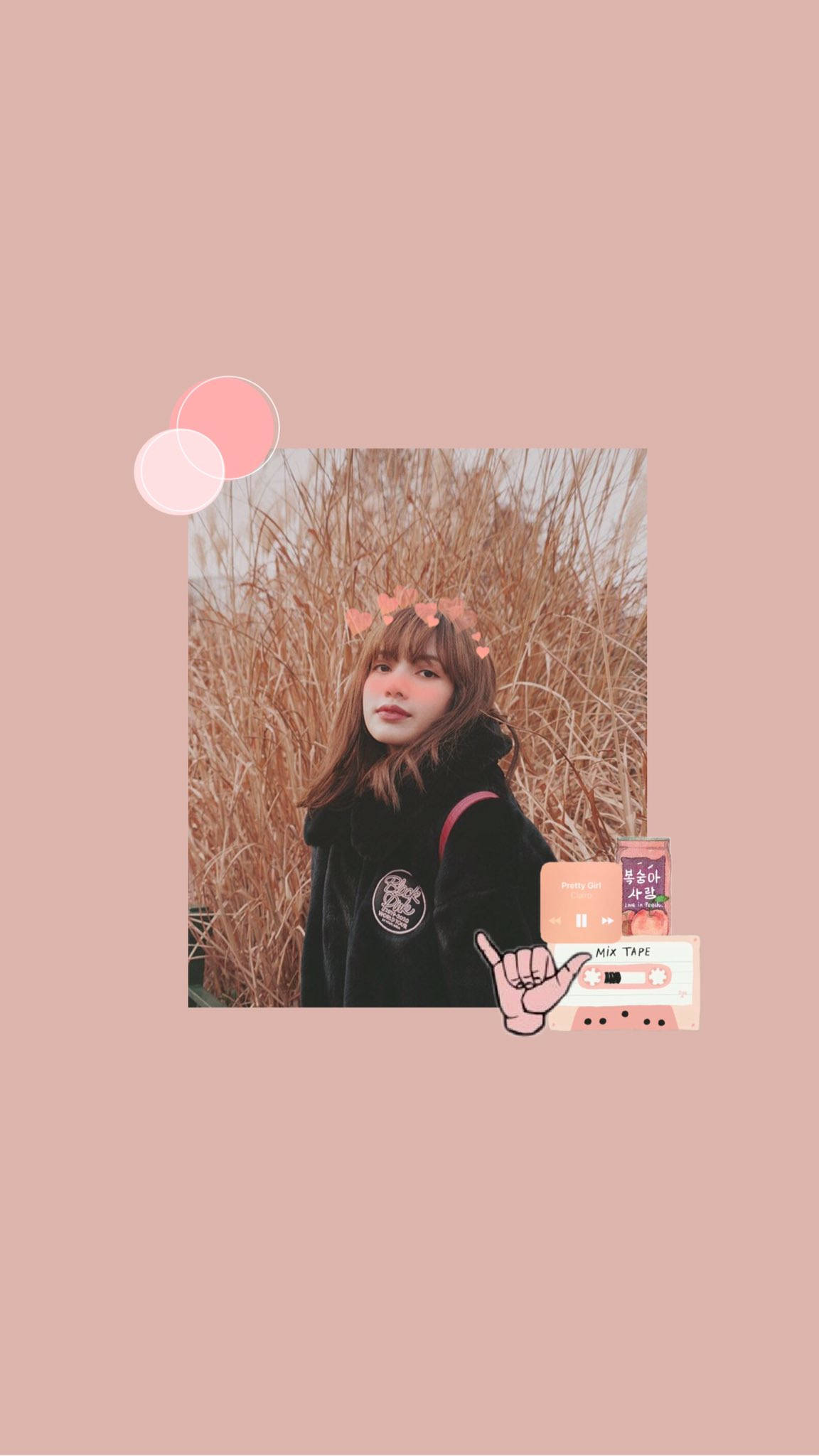 BLACKPINK Lisa Picsart 壁紙 — 一位穿著黑色連帽衫的年輕女性站在高大的乾草中，背景是柔和的粉紅色，帶有粉紅色圓形疊加和卡式錄音帶圖案。