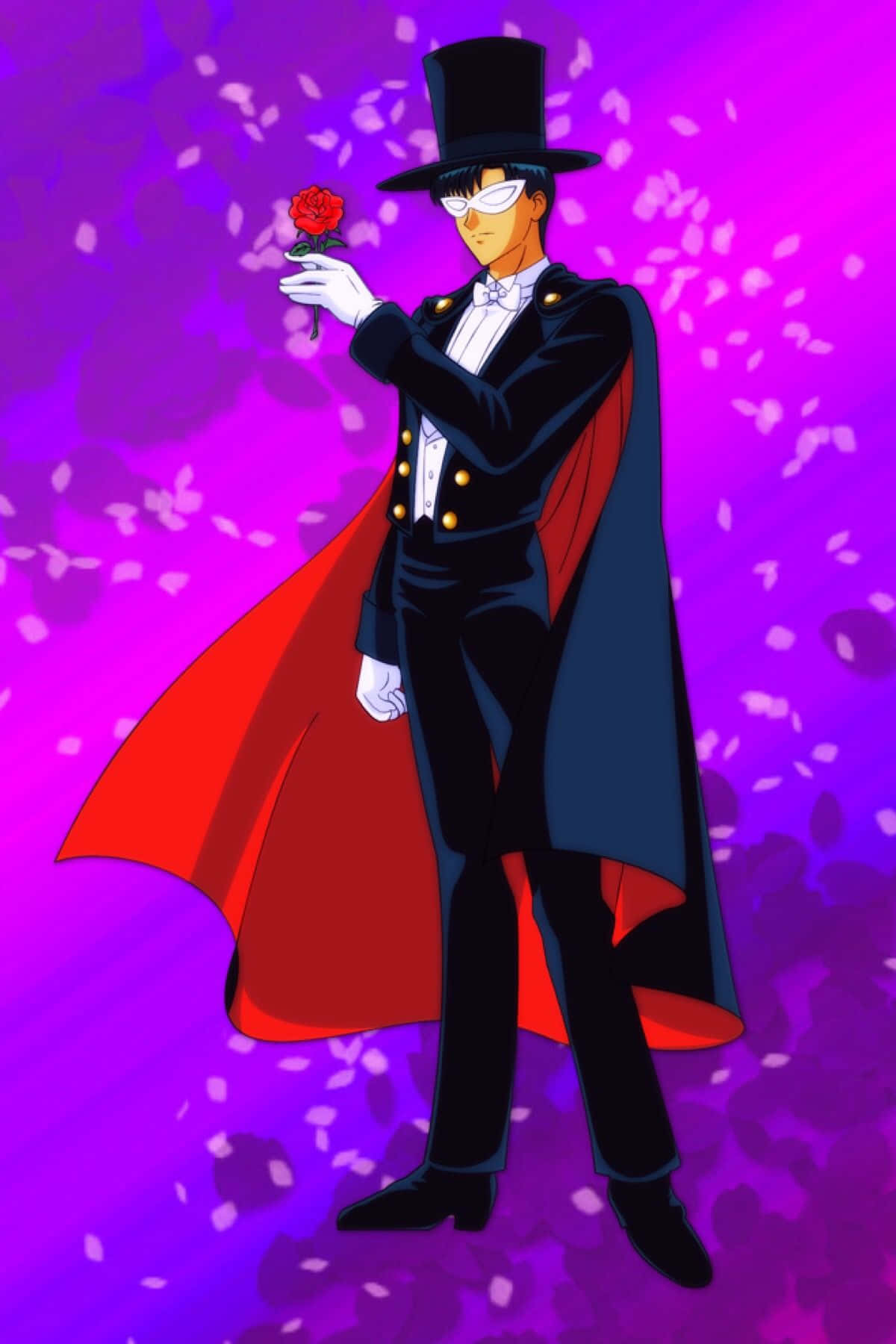 tuxedo mask 桌布 壁紙 — 一位穿著黑色高頂帽和斗篷的時髦動畫紳士，在充滿活力的紫色背景和飄落的花瓣中手持一朵紅玫瑰。