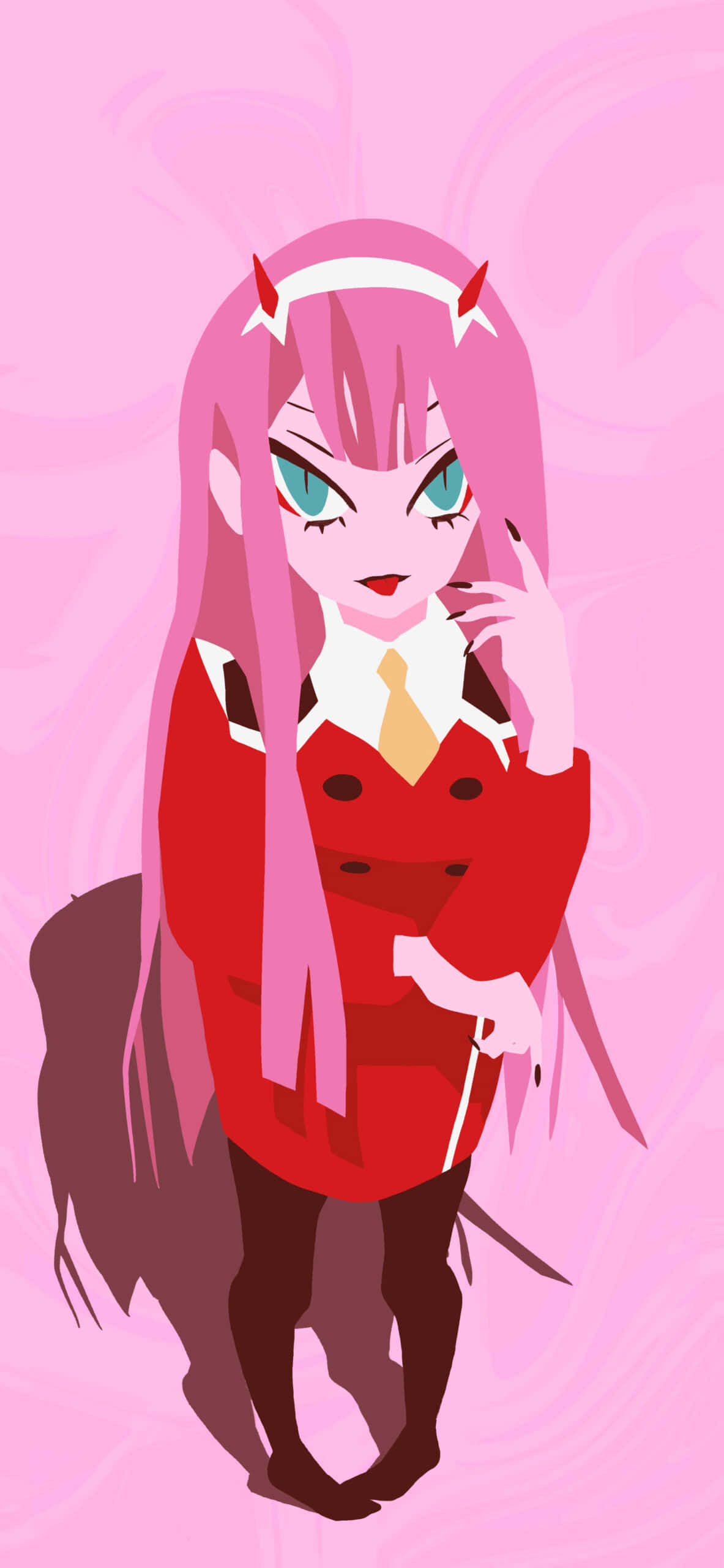 Zero Two，《Darling in the FranXX》 壁紙 — 一位粉紅色頭髮、帶有惡魔角的動漫女孩，穿著紅色外套，在柔和的粉紅色背景前自信地擺姿勢。