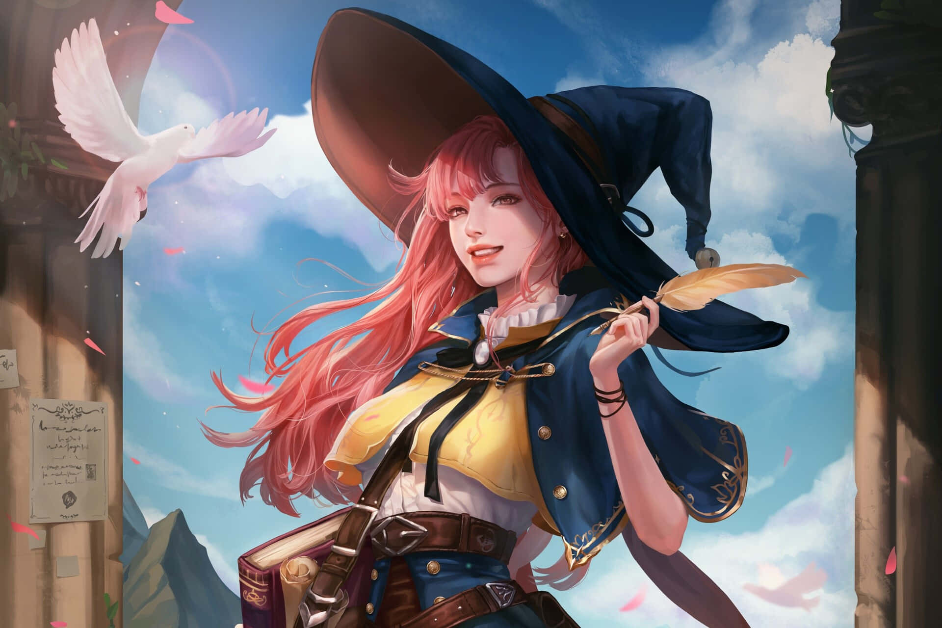 Witch Hats 桌布 壁紙 — 一位粉紅色頭髮、戴藍色帽子和黃色背心的快樂女巫，在明亮的藍天下微笑，手持羽毛筆，附近有一隻白鴿飛翔。