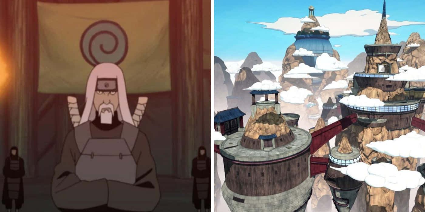 Naruto Village 桌布 壁紙 — 一位粉紅色頭髮、戴螺旋頭帶的動畫長者站在橫幅前，背景中雲霧繚繞的塔樓山莊升起。