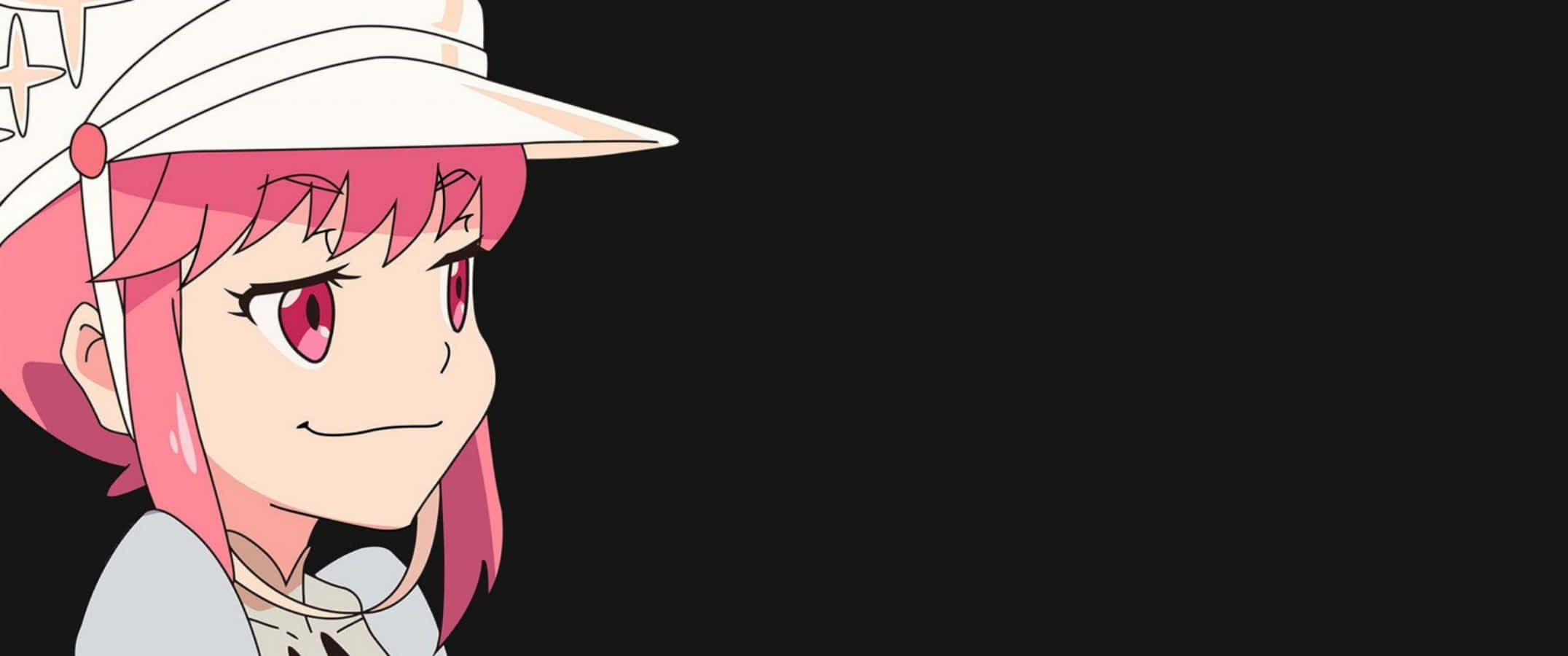 Nonon Jakuzure 桌布 壁紙 — 一位粉紅色頭髮、紅色眼睛的動漫女孩戴著白色帽子，在黑色背景前自信地微笑。
