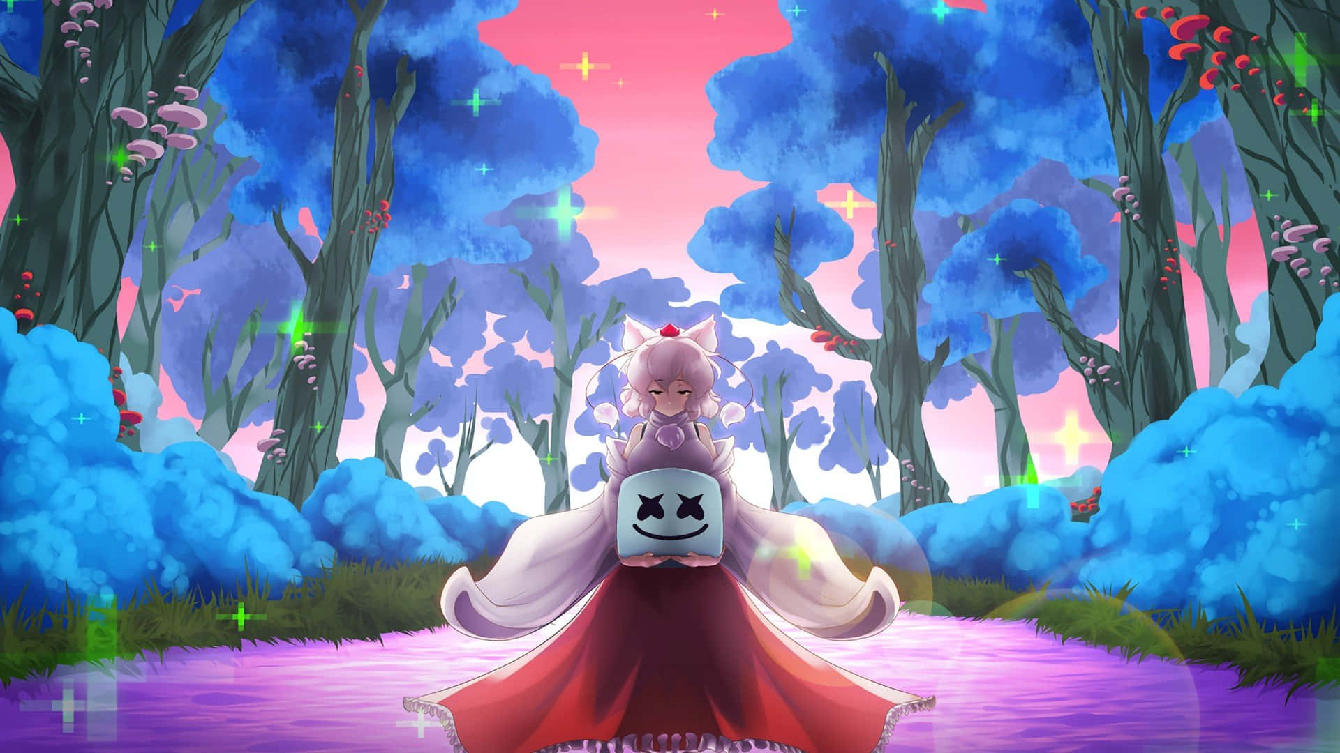 Marshmello 桌布 壁紙 — 一位粉紅色頭髮、貓耳朵的動漫女孩坐在微笑的方塊上，身處一個有發光藍色樹木和粉紅色天空的超現實森林中。