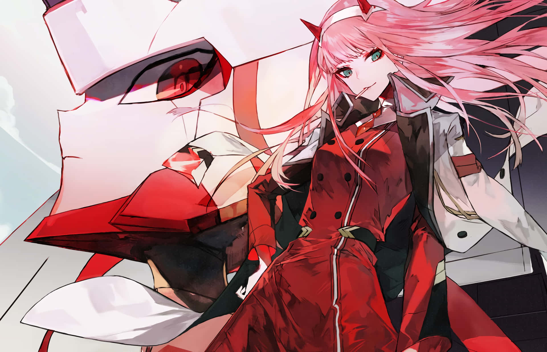 One Love and One Home - 《Darling in the Franxx》 壁紙 — 一位粉紅色頭髮、長著惡魔角的動漫女孩坐在一個有紅色發光眼睛的紅白機器人旁邊。