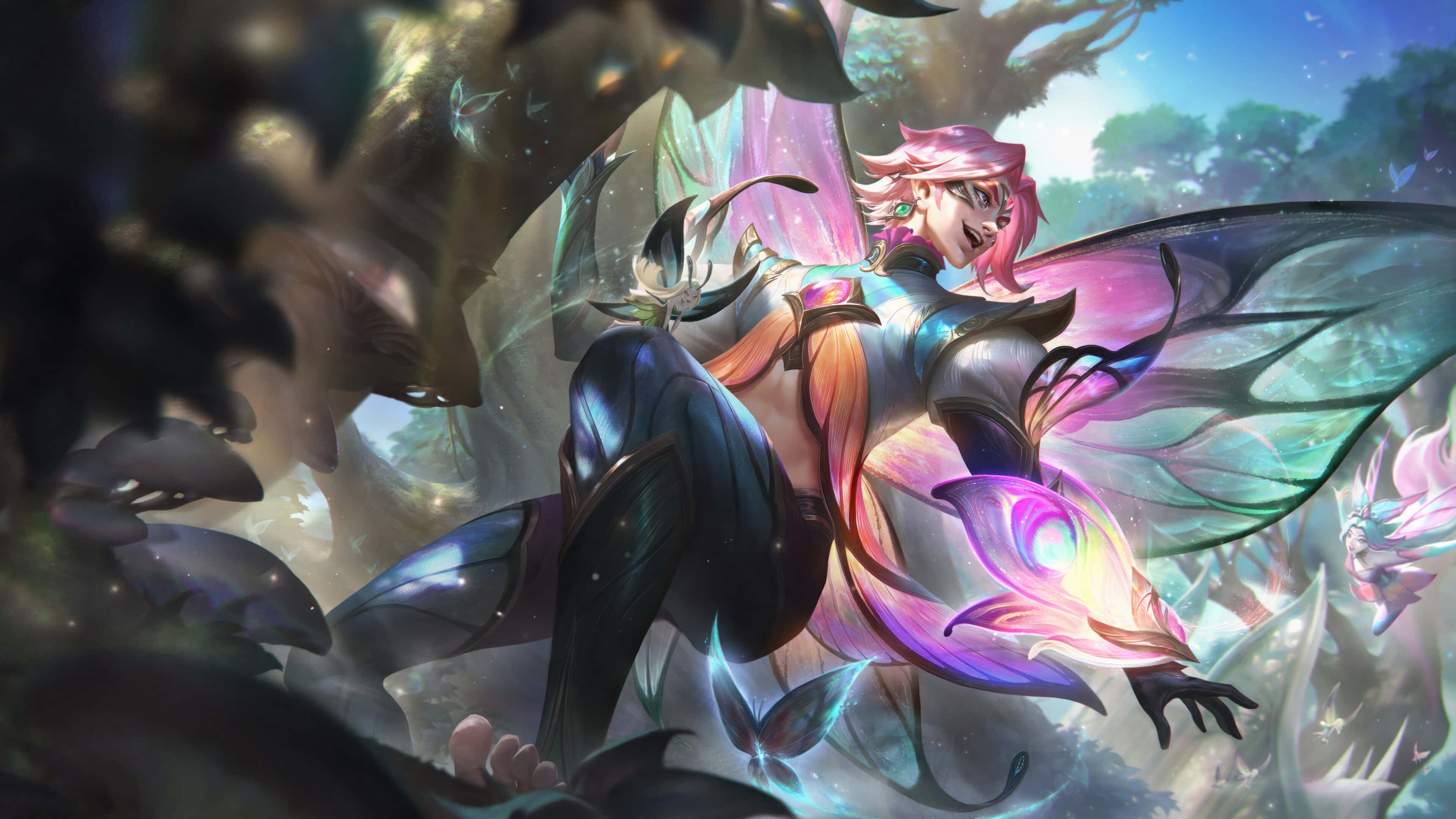 League Of Legends Champions 桌布 壁紙 — 一位粉紅色頭髮的仙女，擁有發光的翅膀和發光的球體，漂浮在充滿蝴蝶和空靈光線的神秘森林中。