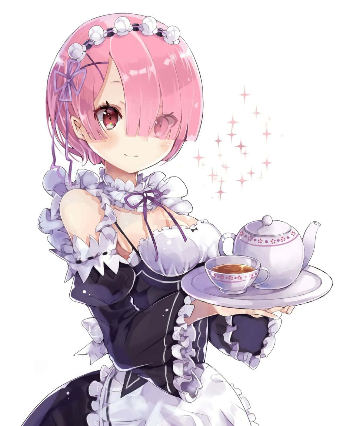 Re Zero Ram 桌布 壁紙 — 一位粉紅色頭髮的動漫女僕穿著荷葉邊服裝，帶著閃爍的魔法光環奉茶。
