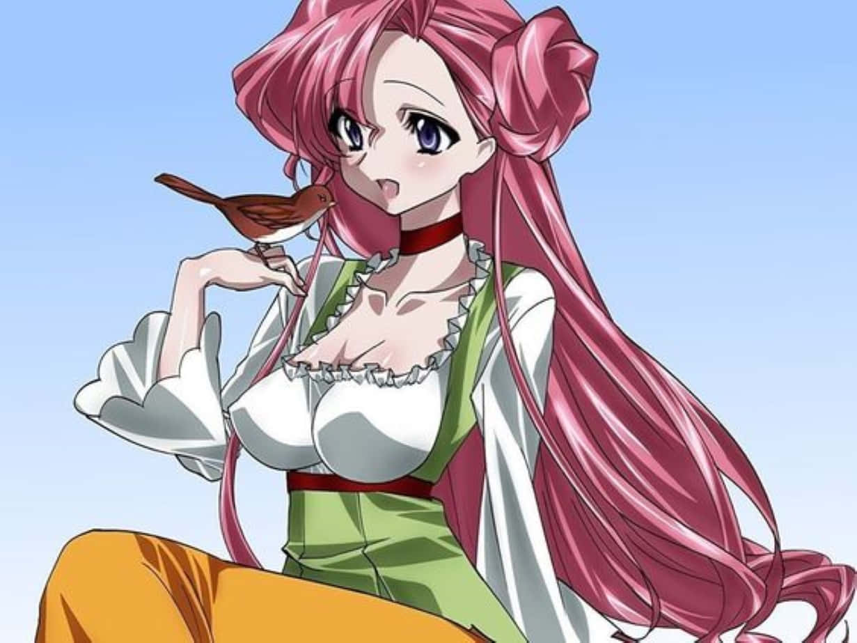 Euphemia Li Britannia 桌布 壁紙 — 一位粉紅色頭髮的動漫女孩，手指上棲息著一隻小鳥，背景是清澈的藍天。