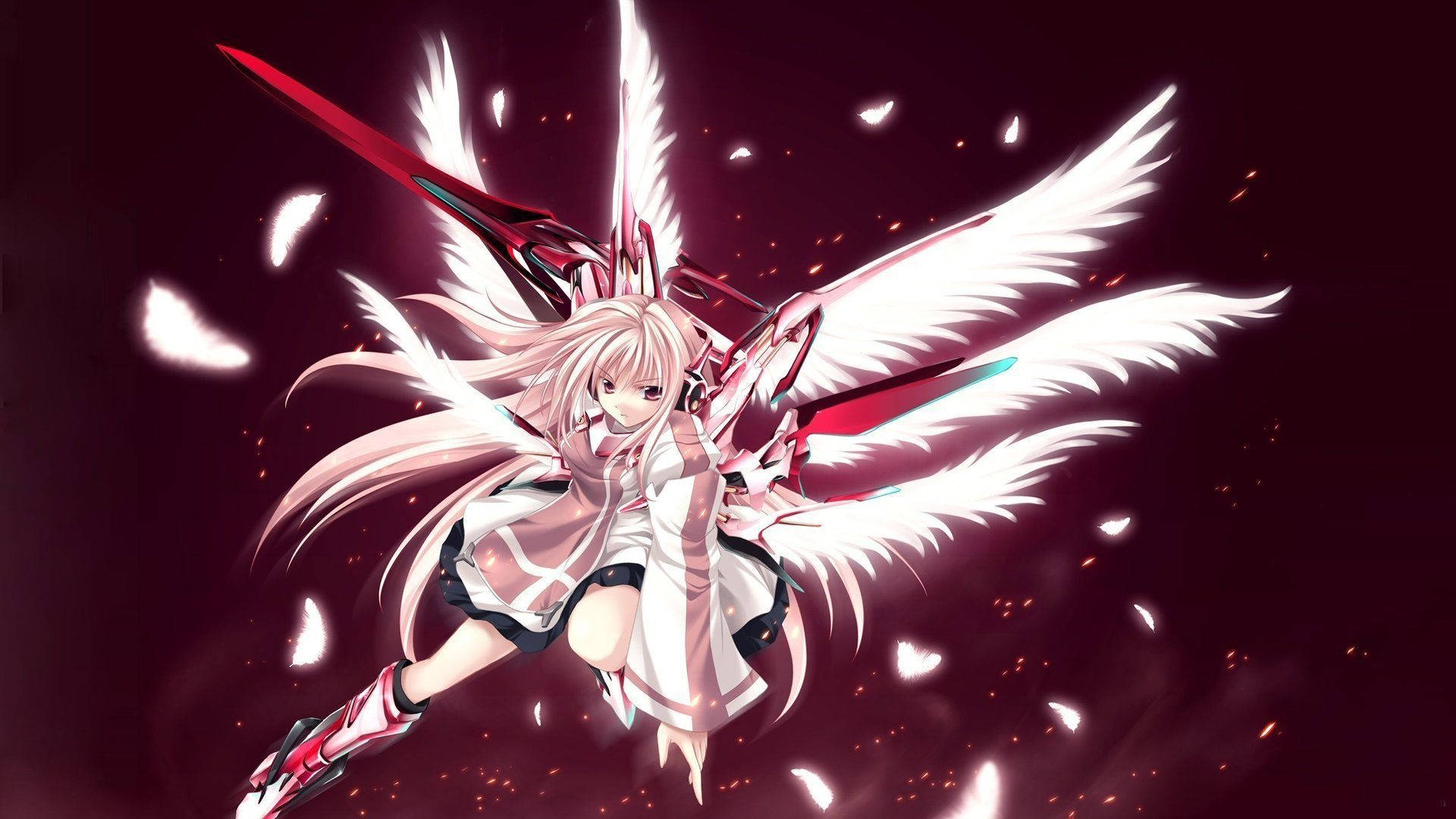 Anime PFP 桌布 壁紙 — 一位粉紅色頭髮的動漫女孩，擁有白色翅膀和紅色劍，在深栗色天空中與發光粒子一起翱翔。