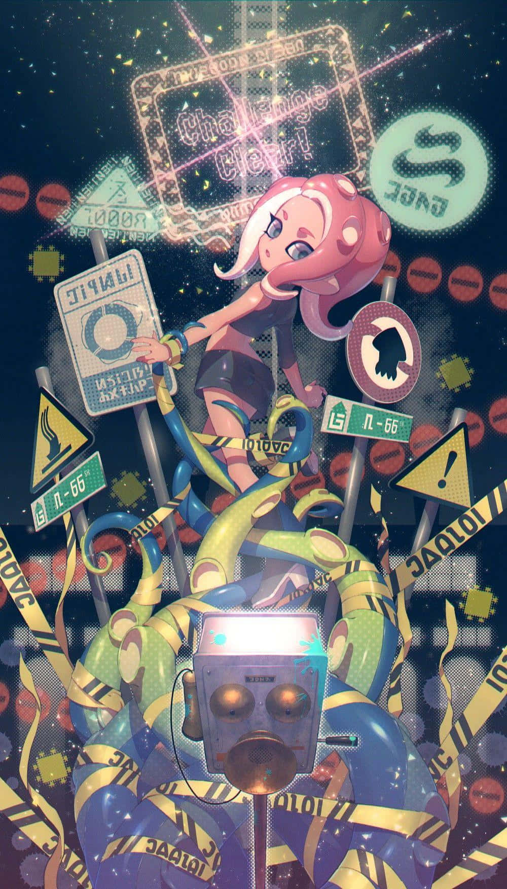 splatoon 桌布 壁紙 — 一位粉紅色頭髮的動漫女孩，擁有章魚觸手，在發光的霓虹混亂和警告膠帶中手持交通標誌。