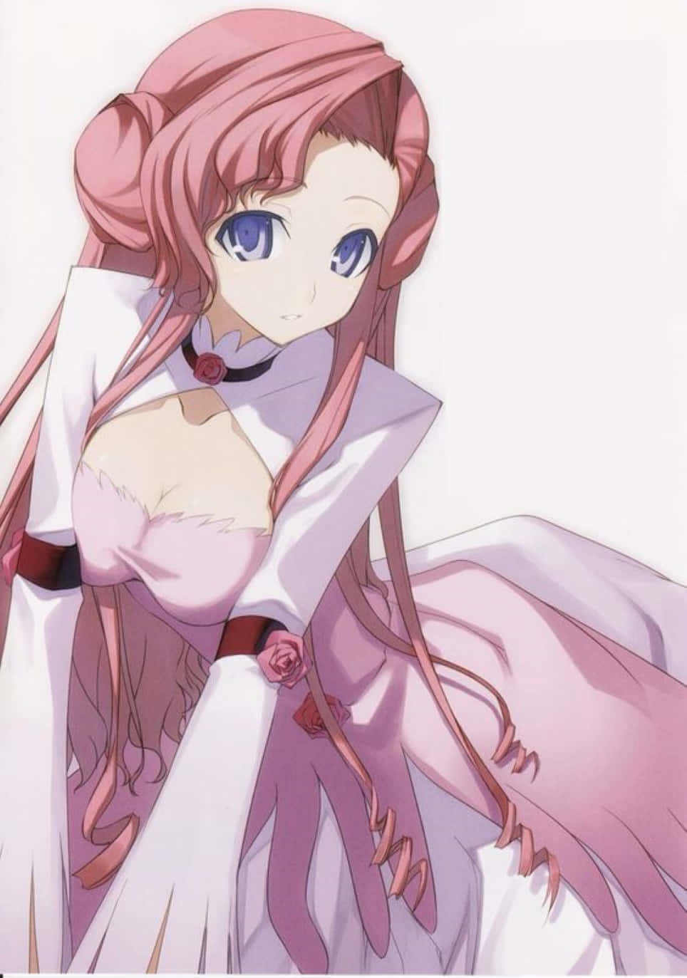 Euphemia Li Britannia 桌布 壁紙 — 一位粉紅色頭髮的動漫女孩，穿著帶有玫瑰裝飾的白色和粉紅色連衣裙，在純色背景下溫柔地凝視著。