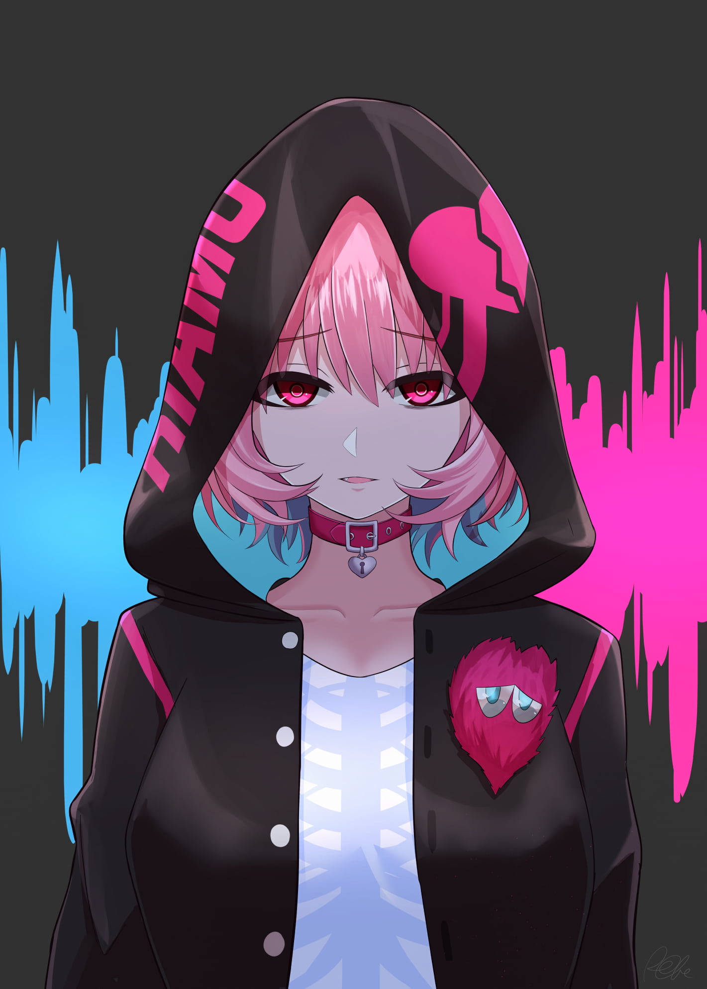 Cool Anime Girl 桌布 壁紙 — 一位粉紅色頭髮的動漫女孩，穿著黑色連帽衫，發光的肋骨襯衫和心形補丁，用紅色的眼睛凝視著霓虹城市背景。