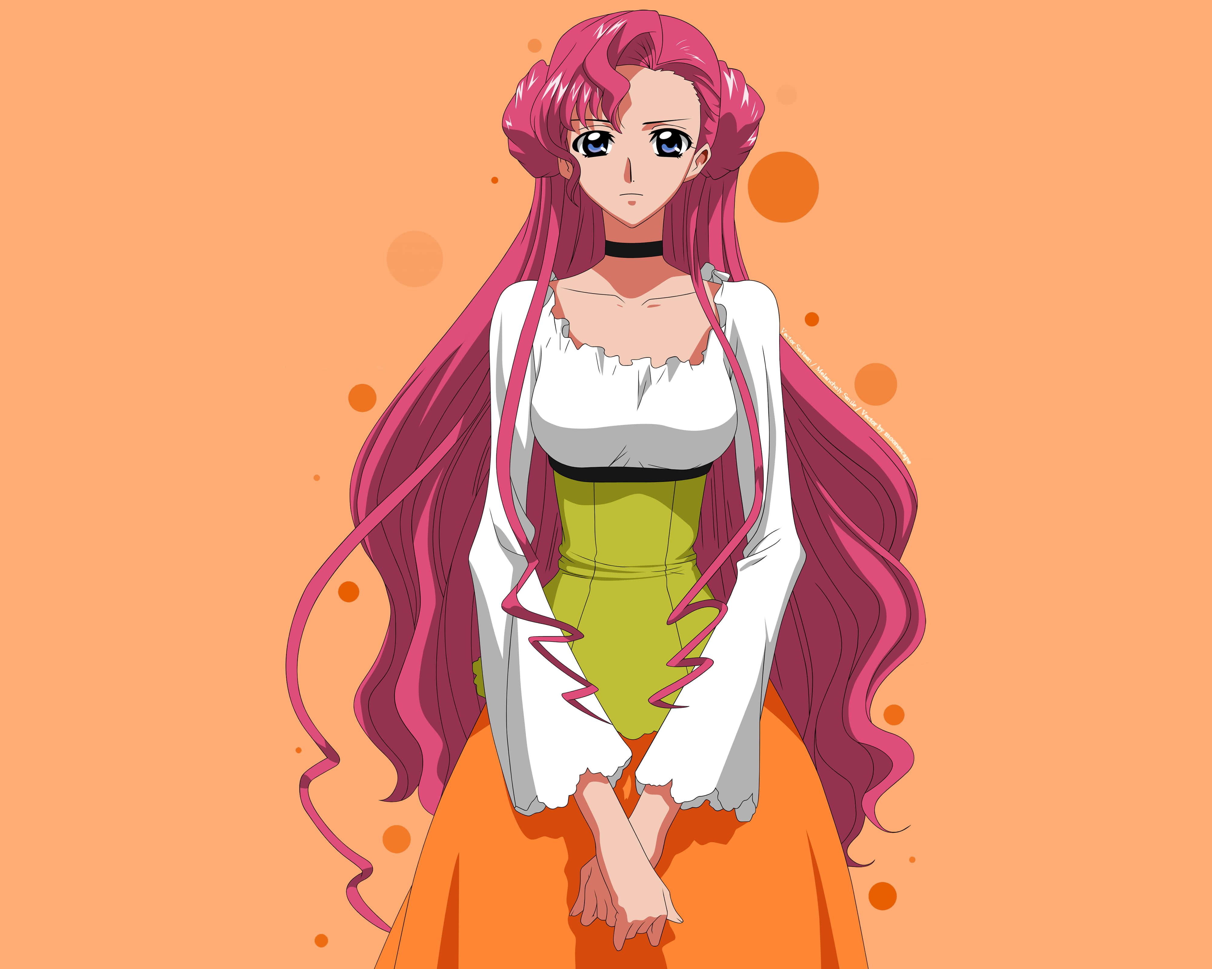 Euphemia Li Britannia 桌布 壁紙 — 一位粉紅色頭髮的動漫女孩，身穿白色上衣、綠色束腰和橙色裙子，站在溫暖的橙色背景前，背景中有漂浮的圓圈。