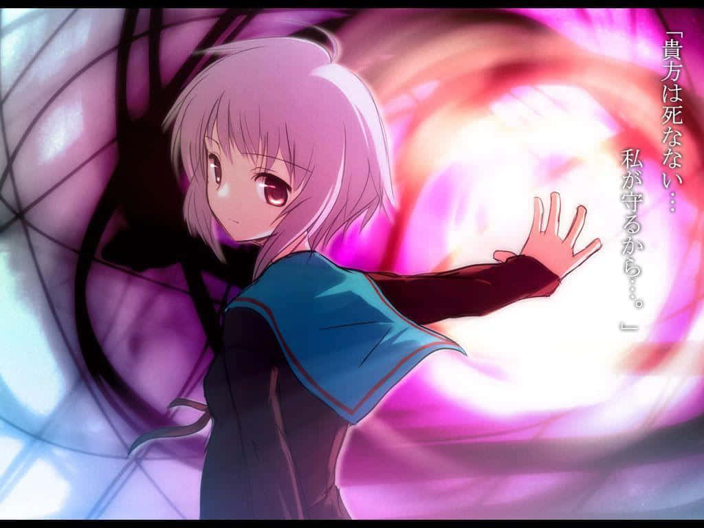 Yuki Nagato 桌布 壁紙 — 一位粉紅色頭髮的動漫女孩，身穿藍色鑲邊服裝，向著一個帶有日文字樣的旋轉粉紫色能量漩渦伸出手。