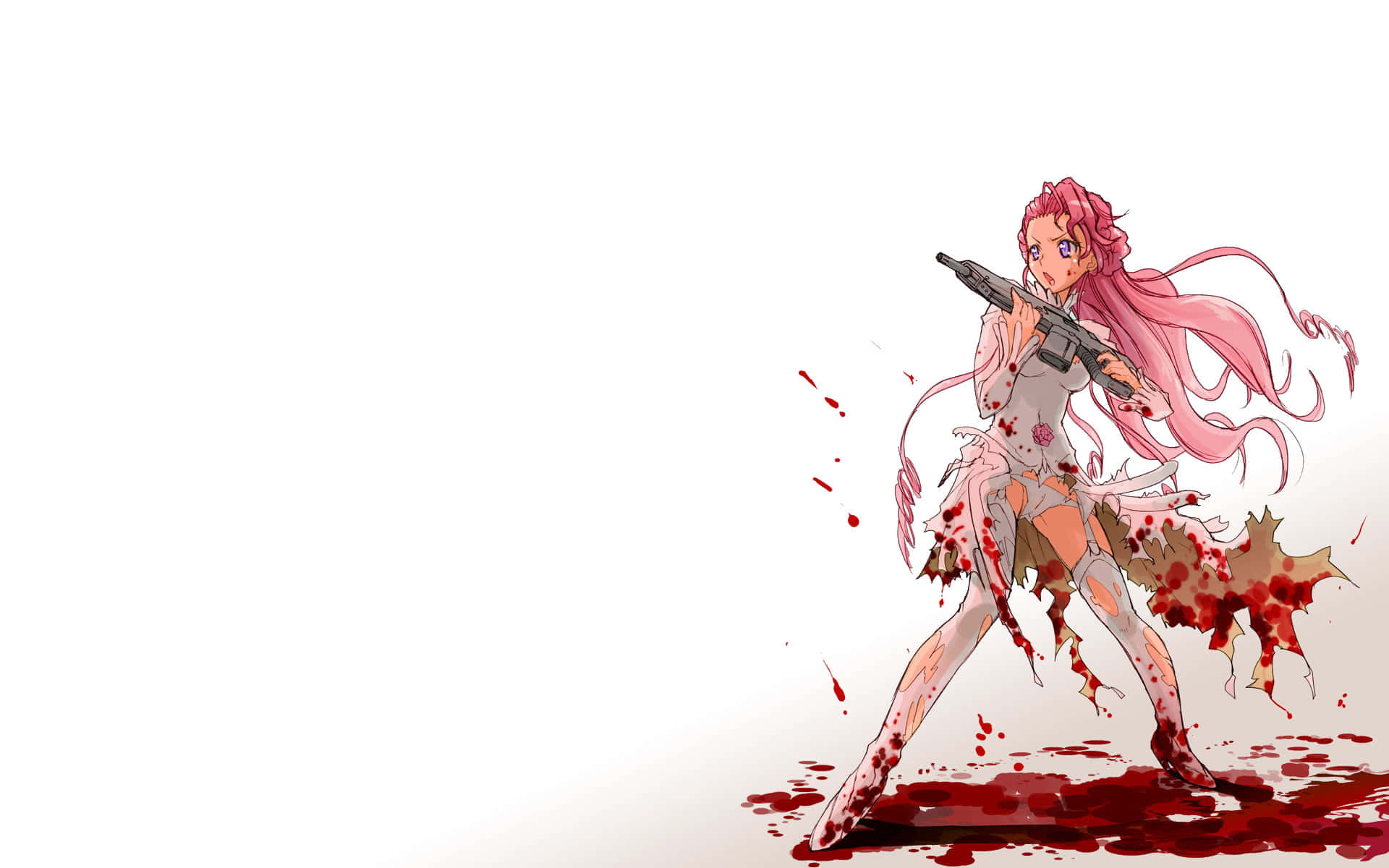 Euphemia Li Britannia 桌布 壁紙 — 一位粉紅色頭髮的動漫女孩，身穿血跡斑斑的服裝，在純白色背景前揮舞步槍。