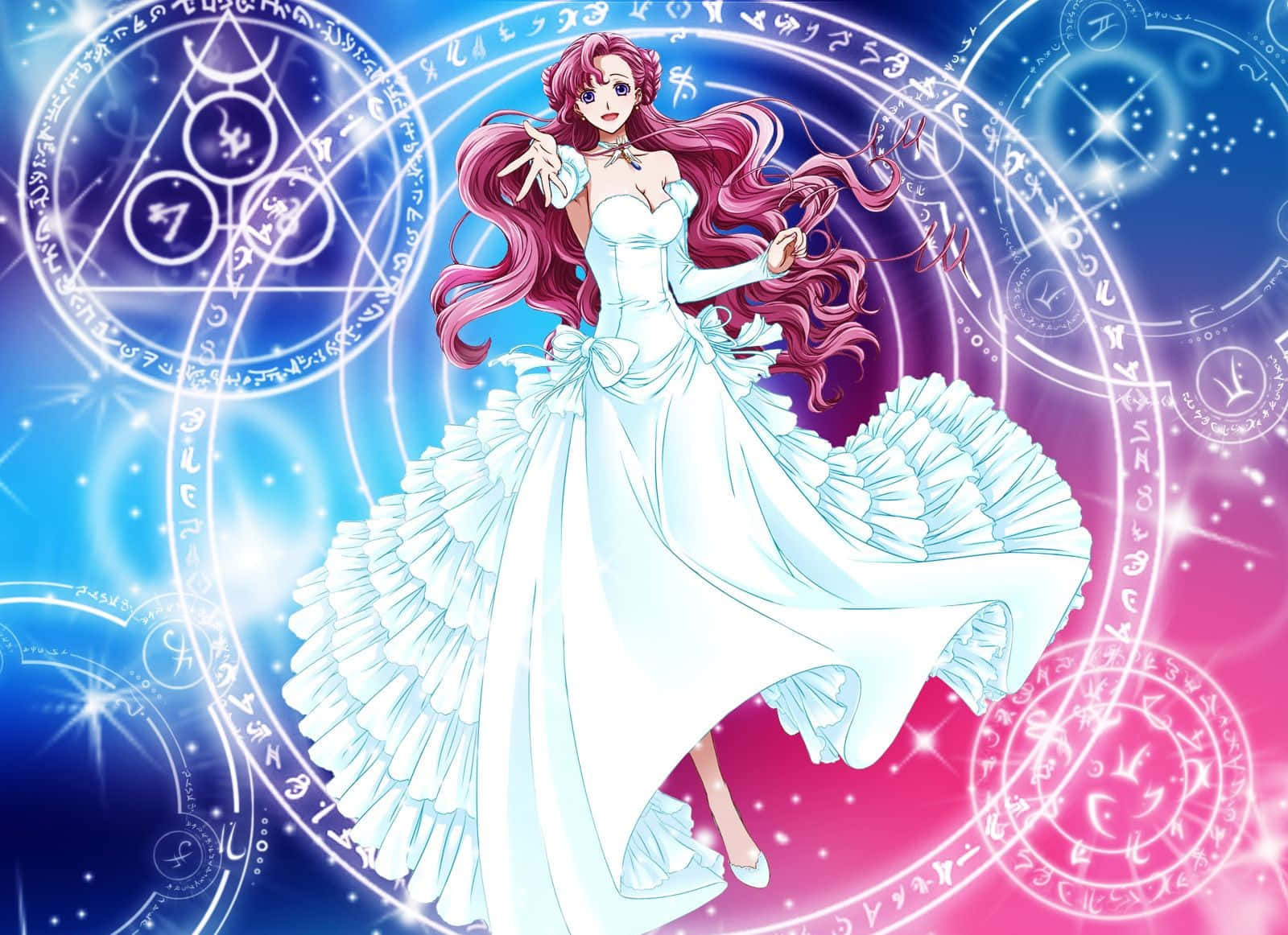 Euphemia Li Britannia 桌布 壁紙 — 一位粉紅色頭髮的動漫女孩，身穿飄逸的白色長裙，站在發光的魔法圓圈中，背景是充滿活力的藍色和粉紅色宇宙。