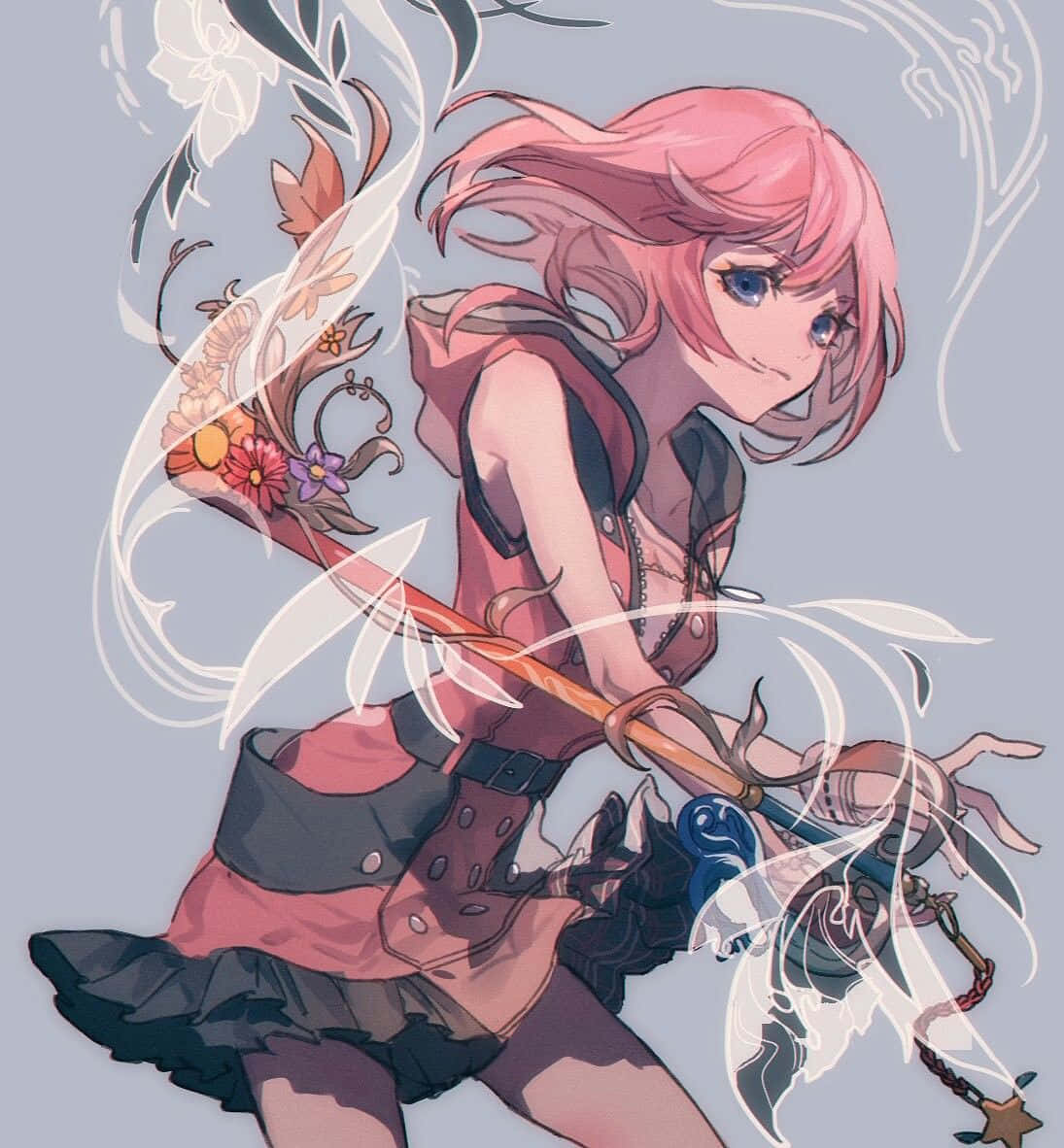 Kingdom Hearts Kairi 桌布 壁紙 — 一位粉紅色頭髮的動漫女孩在柔和的灰色背景上，揮舞著被旋轉的白色藤蔓環繞的花卉法杖。