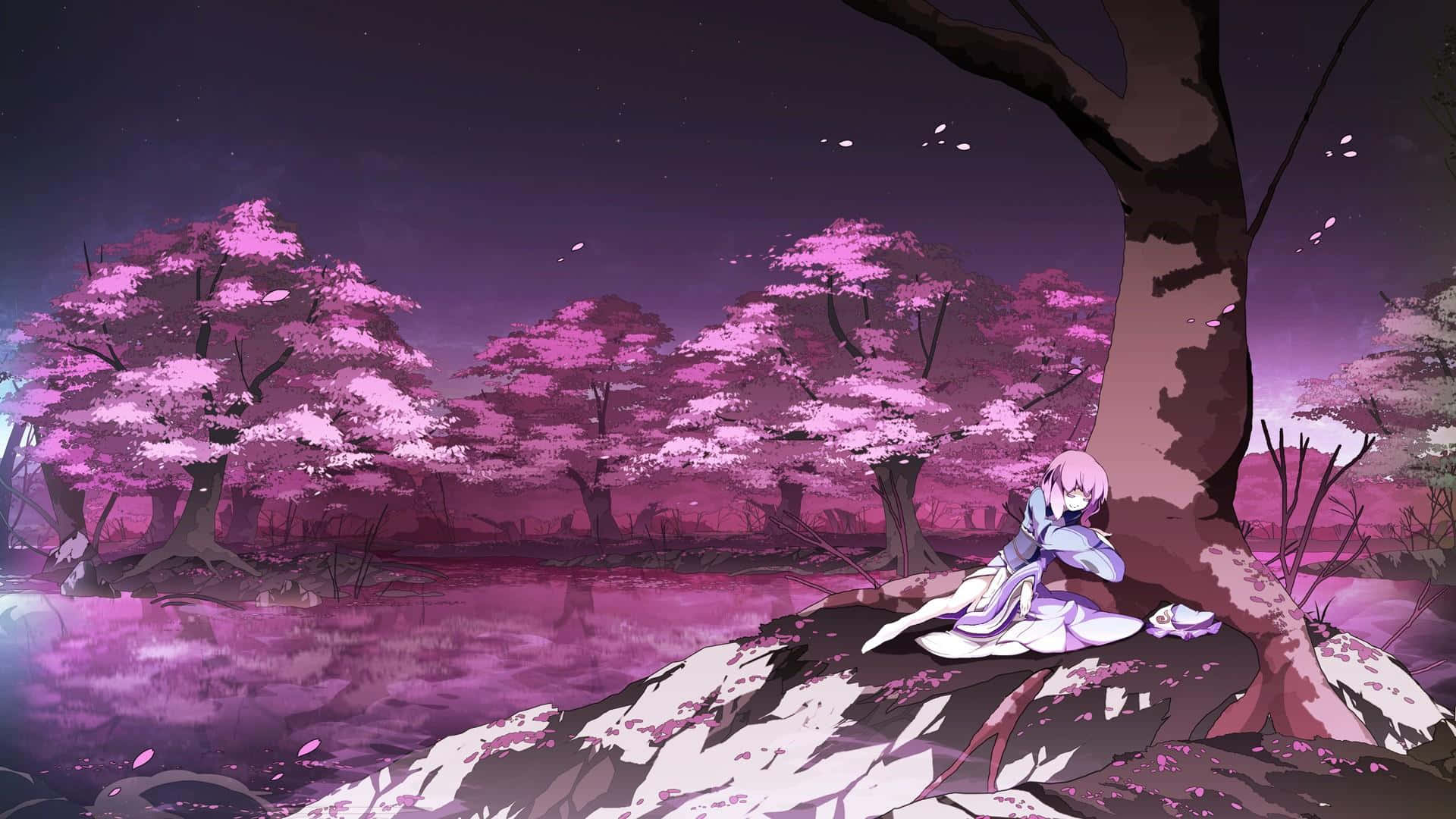 Purple Anime 桌布 壁紙 — 一位粉紅色頭髮的動漫女孩在黃昏時分，平靜地坐在盛開的櫻花樹下，周圍環繞著紫色的花朵和寧靜的水面。