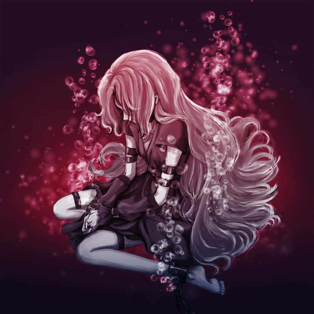 Nunnally Lamperouge 桌布 壁紙 — 一位粉紅色頭髮的動漫女孩坐在深紅色的水中，氣泡在她飄逸的頭髮和四肢周圍旋轉。
