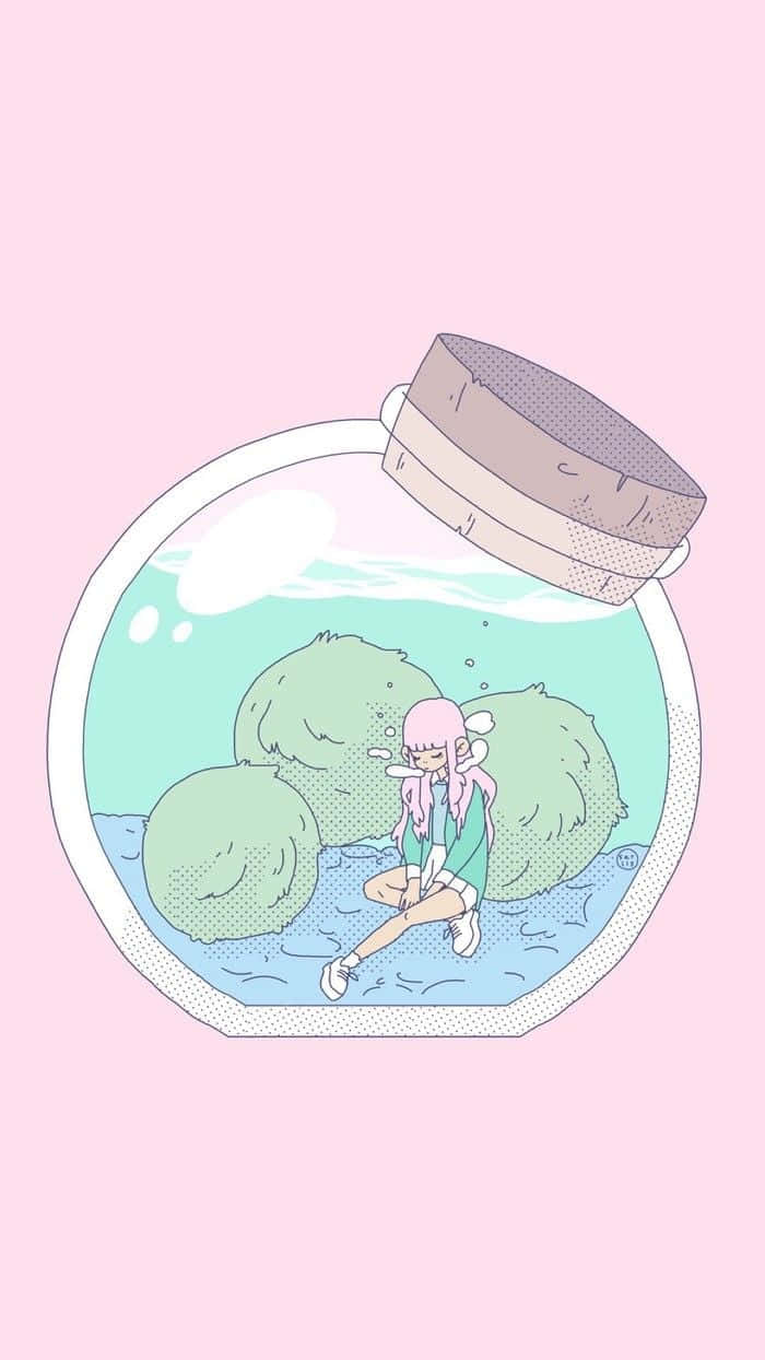 美學手機GIF 桌布 壁紙 — 一位粉紅色頭髮的動漫女孩平靜地坐在一個裝滿水和長滿苔蘚的石頭的玻璃罐中，背景是柔和的粉紅色。
