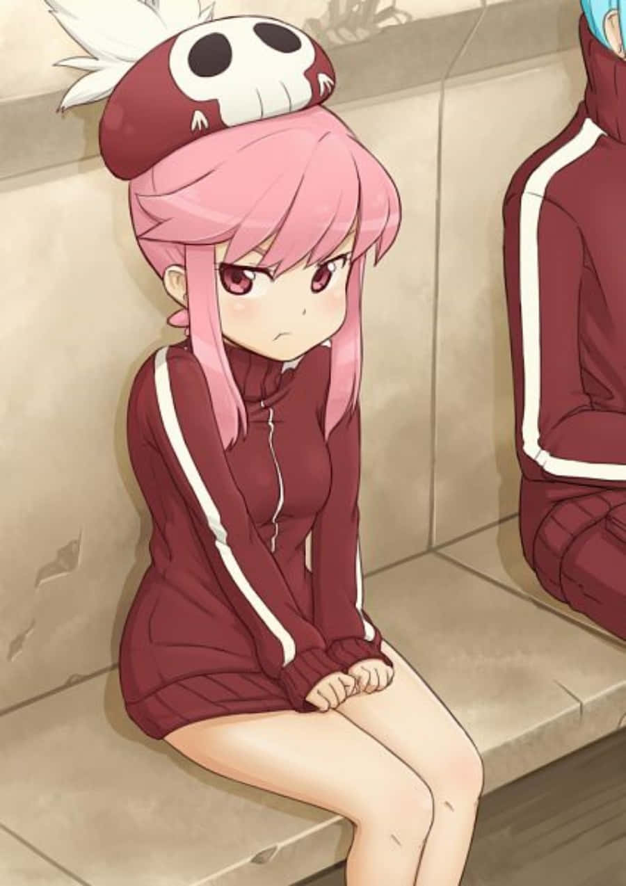 Nonon Jakuzure 桌布 壁紙 — 一位粉紅色頭髮的動漫女孩穿著栗色運動服，戴著骷髏帽，沮喪地坐在石凳上，旁邊是另一個角色。