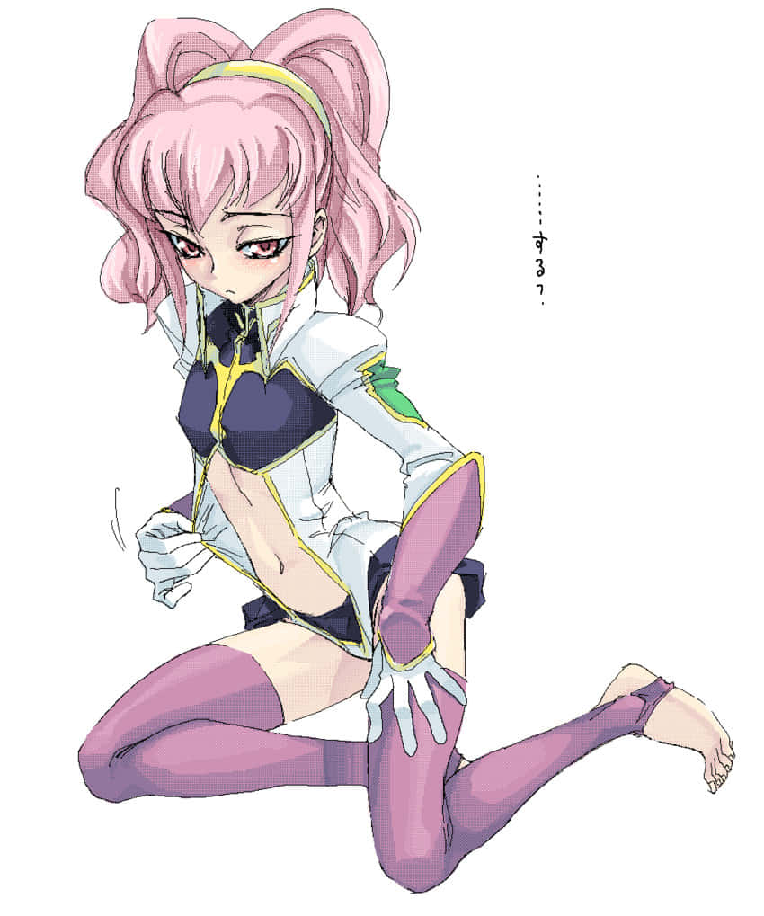 Anya Alstreim 桌布 壁紙 — 一位粉紅色頭髮的動漫女孩穿著白色和紫色的服裝，在純白色背景前以俏皮的表情跪著。