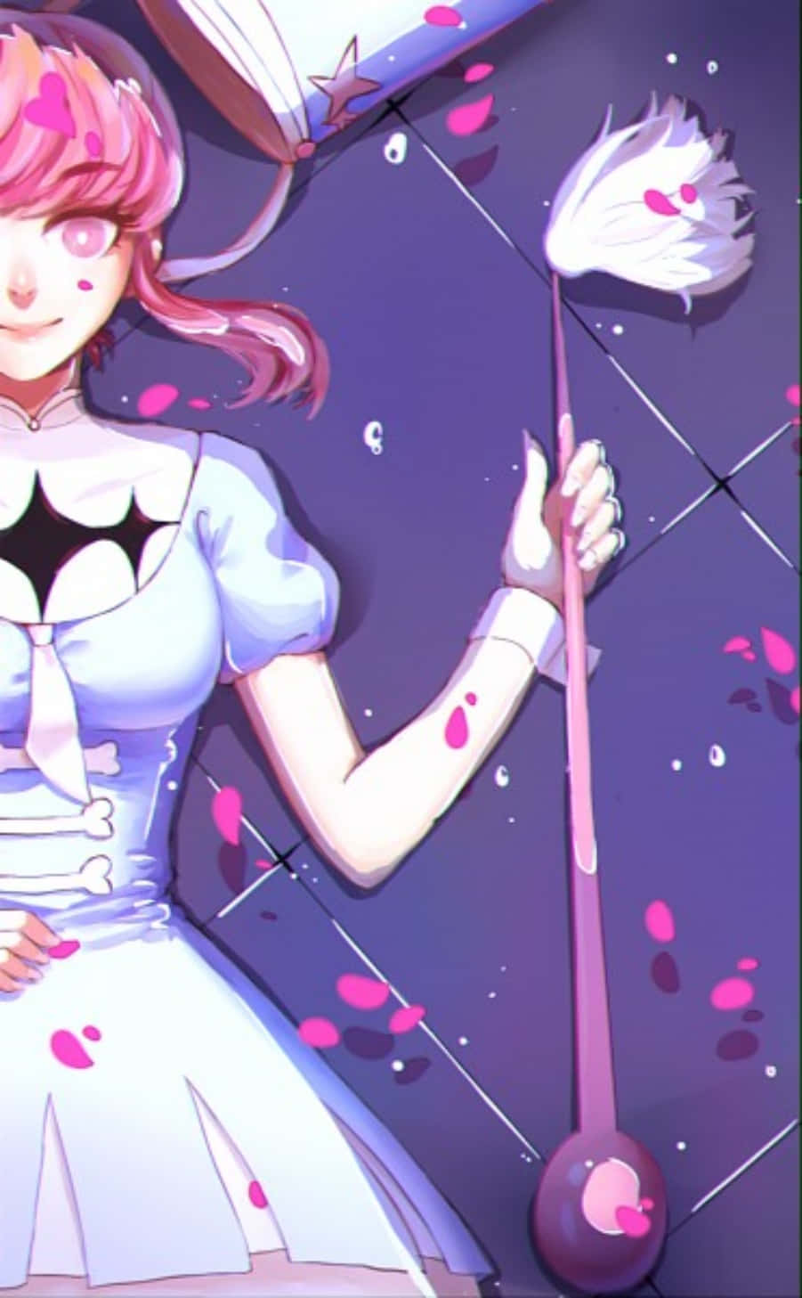 Nonon Jakuzure 桌布 壁紙 — 一位粉紅色頭髮的動漫女孩穿著白色連衣裙，拿著毛茸茸的粉紅色魔杖，花瓣在她周圍飄落，營造出夢幻般的紫色場景。