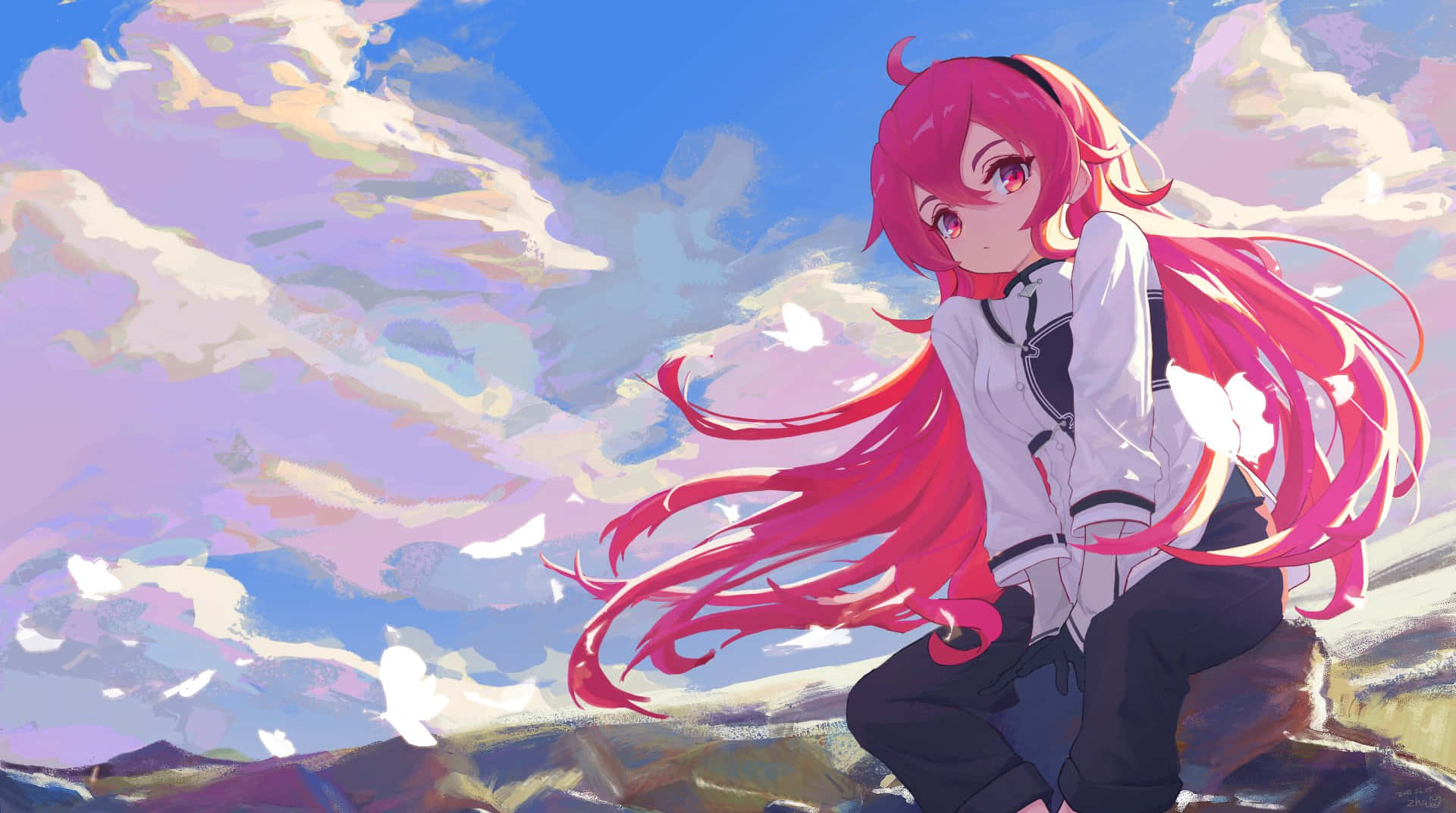 Mushoku Tensei 桌布 壁紙 — 一位粉紅色頭髮的動漫女孩穿著白色外套，坐在岩石峭壁上，天空色彩繽紛，雲朵旋轉。