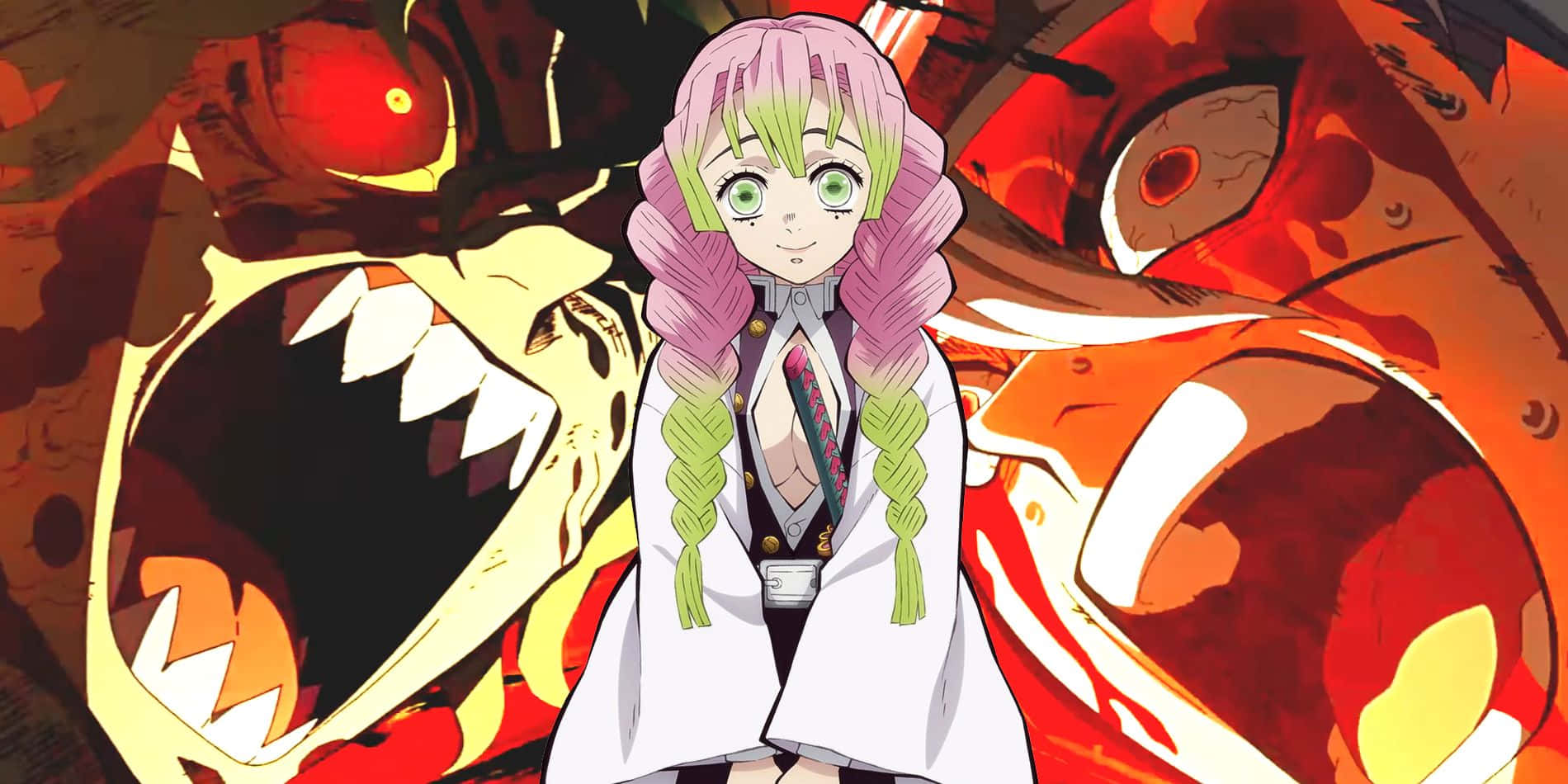 Demon Slayer Fight 桌布 壁紙 — 一位粉紅色頭髮的動漫女孩穿著白色和服，冷靜地站在咆哮的紅色惡魔面前，惡魔的眼睛發光。