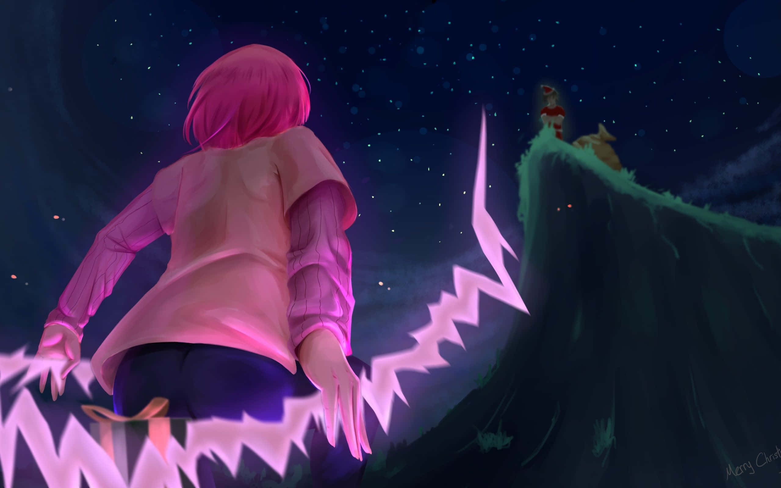 Seven Deadly Sins Gowther 桌布 壁紙 — 一位粉紅色頭髮的動漫女孩穿著粉紅色襯衫，站在星光燦爛的夜空下發光的鋸齒狀懸崖邊緣。