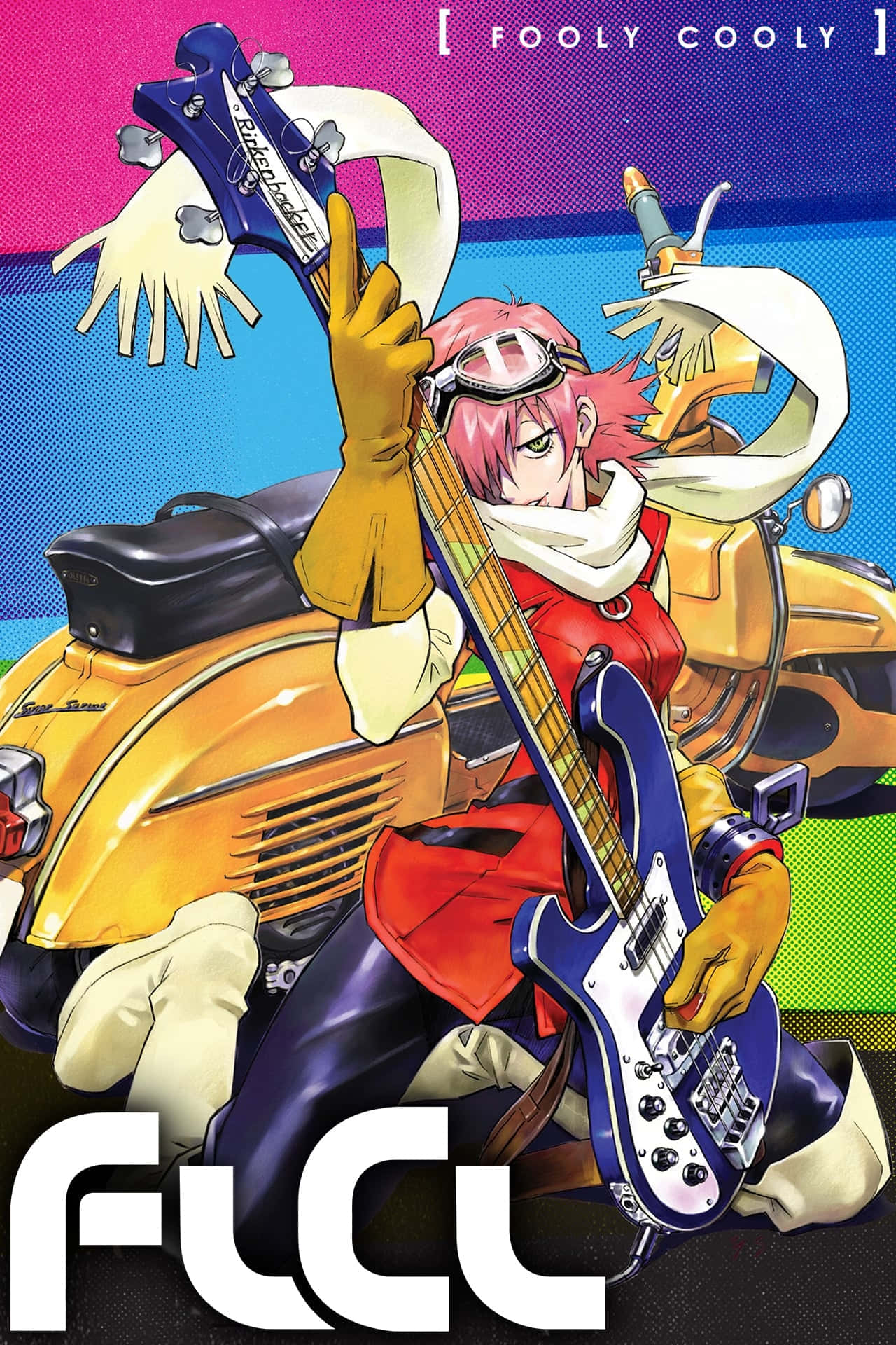 Flcl Alternative 桌布 壁紙 — 一位粉紅色頭髮的動漫女孩穿著紅色外套，坐在黃色滑板車上，在充滿活力的漸變背景前彈奏藍色低音結他。