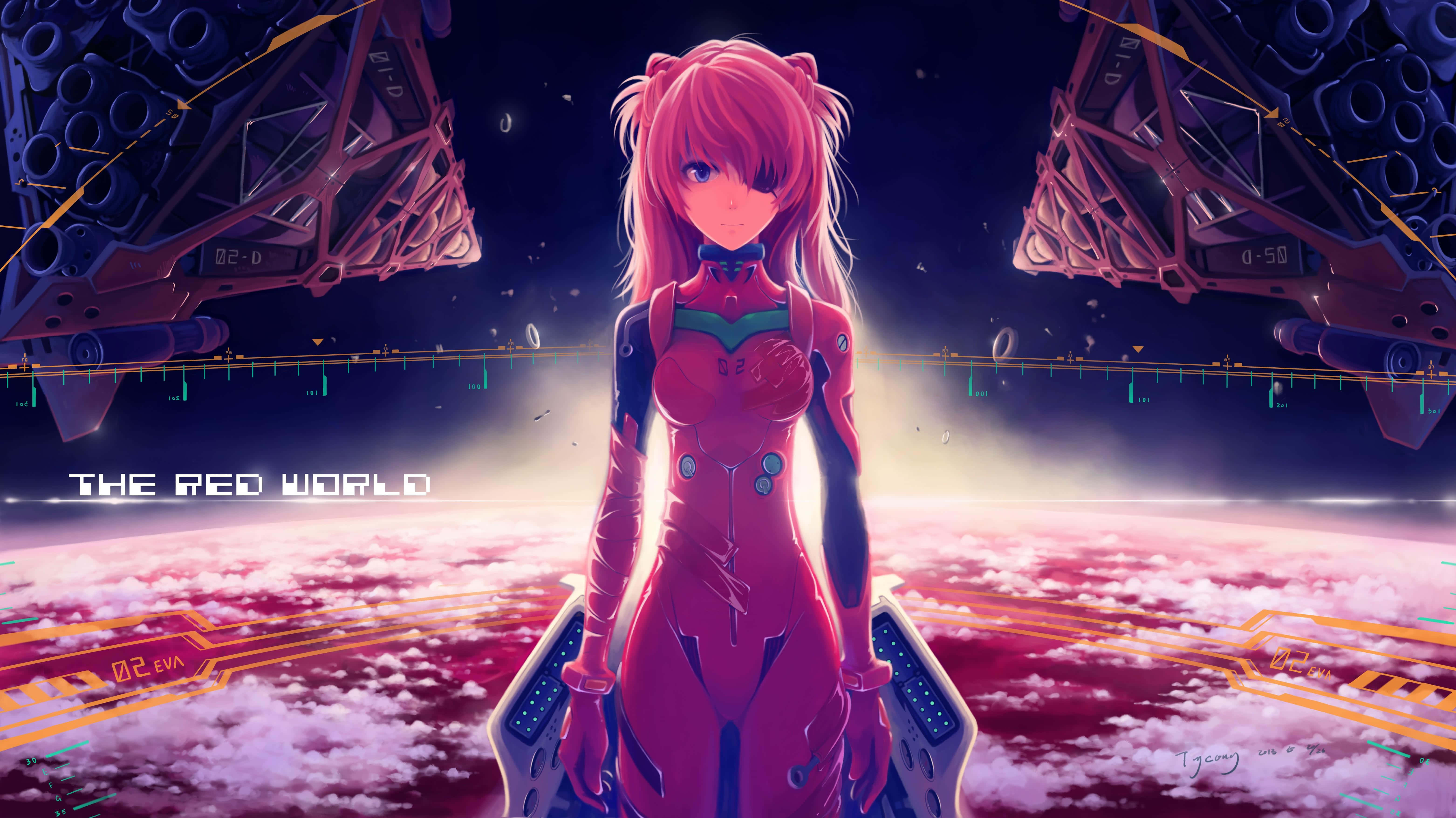Asuka Langley Soryu 桌布 壁紙 — 一位粉紅色頭髮的動漫女孩穿著紅色插頭服，站在漂浮平台上，下方是發光的雲海，上方有巨大的機械結構懸浮。