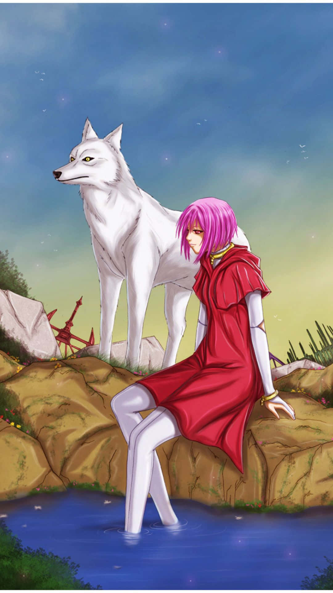 Wolf's Rain Cheza 桌布 壁紙 — 一位粉紅色頭髮的動漫女孩穿著紅色連衣裙，在暮色天空下與一隻白狼坐在水邊。