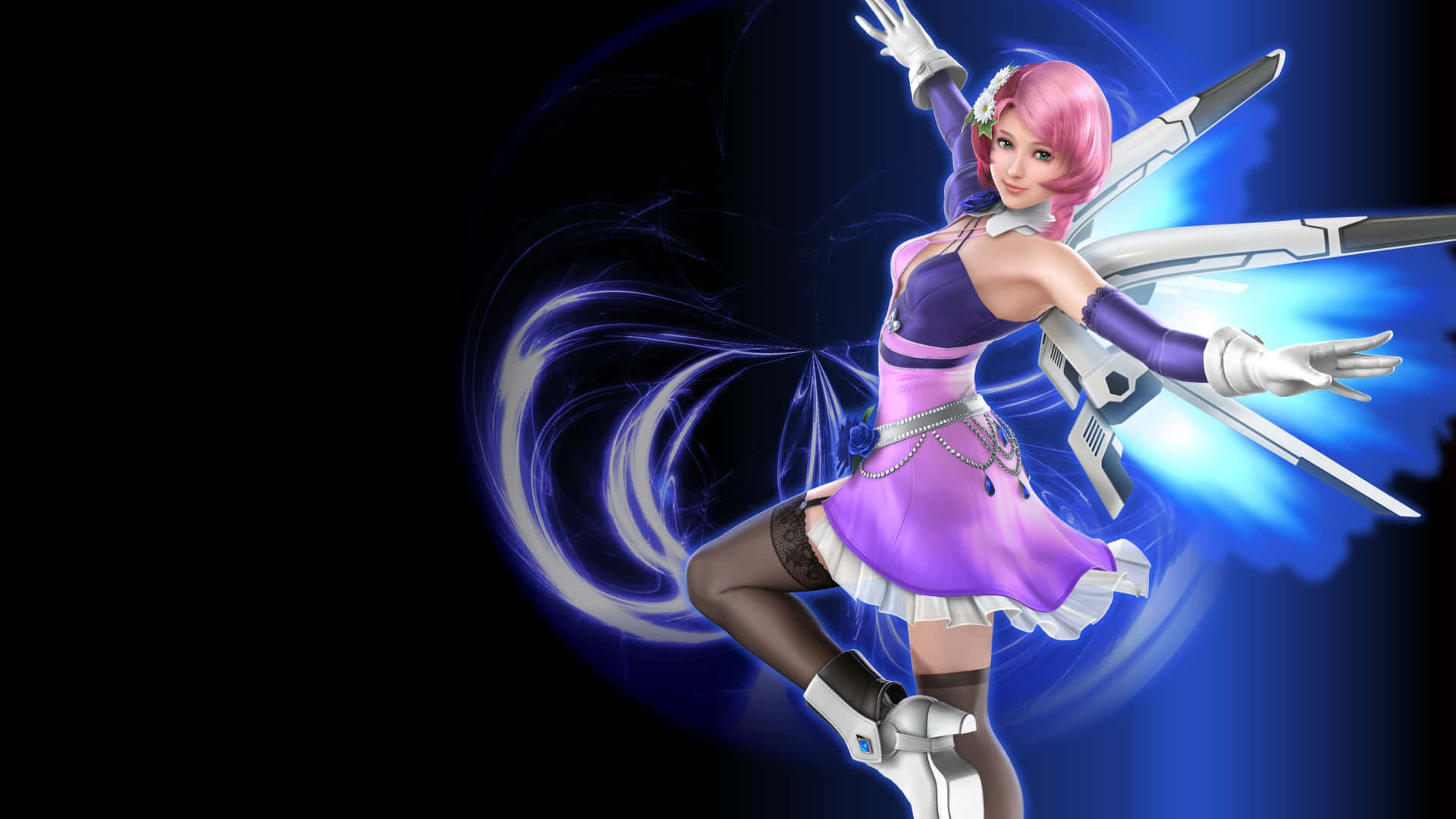 Tekken Characters 桌布 壁紙 — 一位粉紅色頭髮的動漫女孩穿著紫色服裝，在深藍色能量漩渦背景中揮舞著發光的未來風格刀刃。