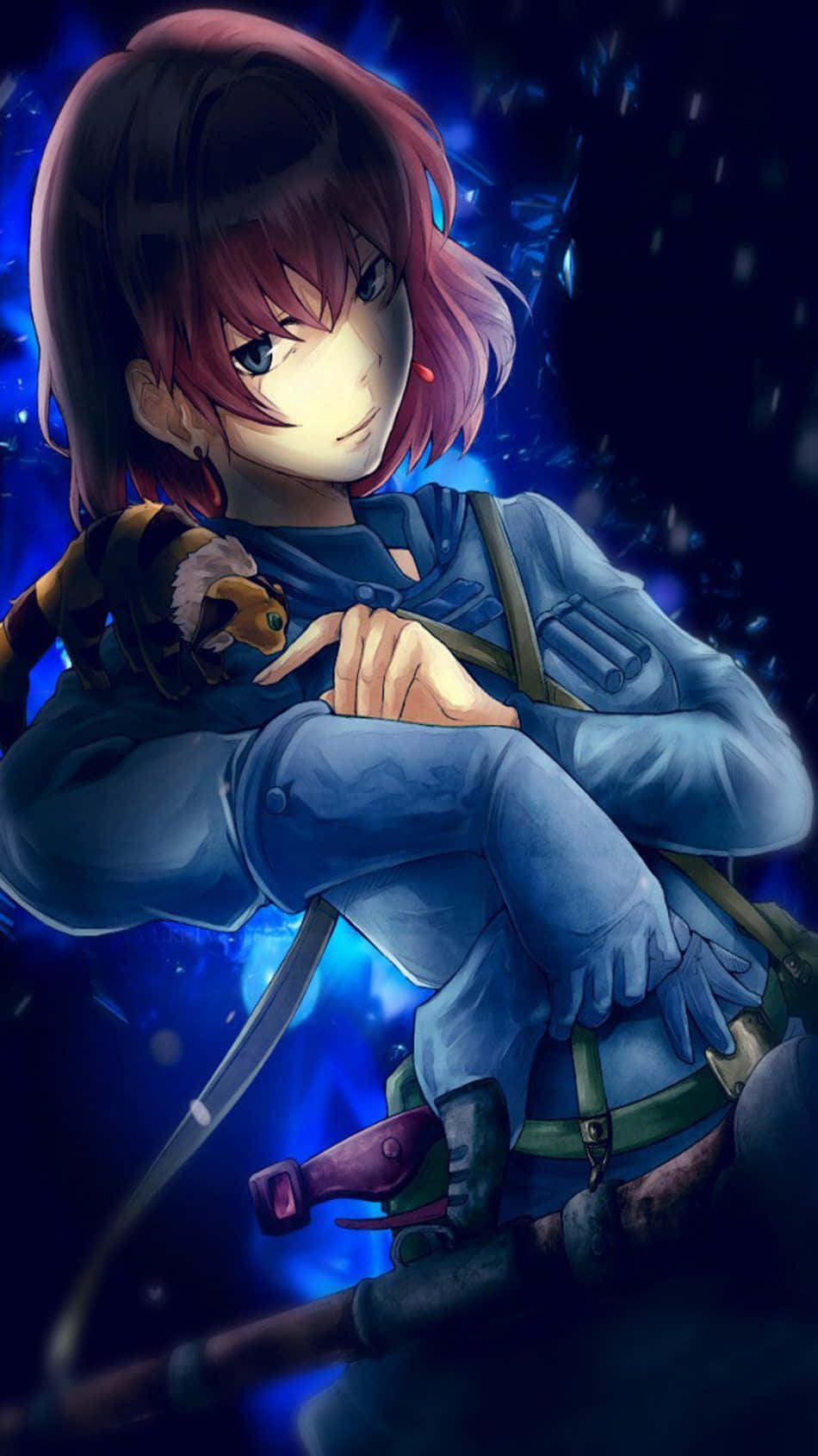 漫畫 桌布 壁紙 — 一位粉紅色頭髮的動漫女孩穿著藍色軍裝，在發光的藍色宇宙背景下抱著一個小生物。