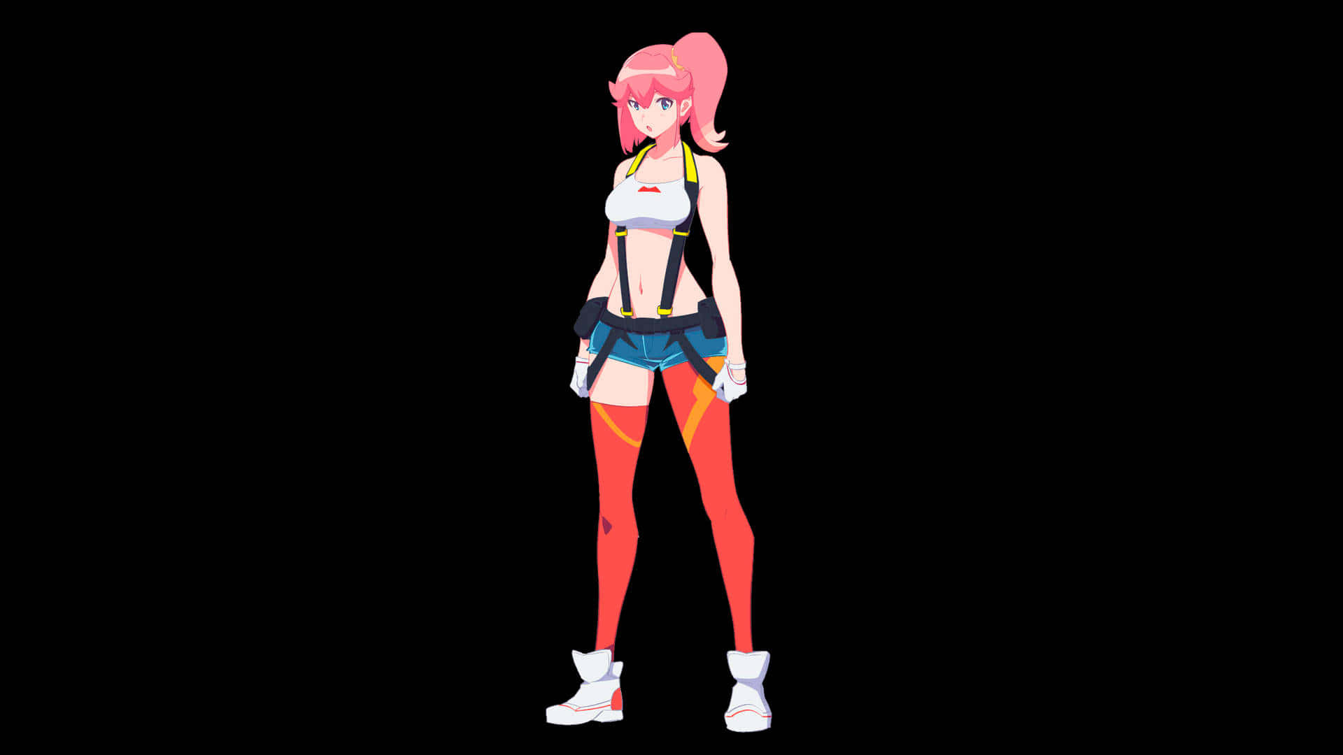 Promare 桌布 壁紙 — 一位粉紅色頭髮的動漫女孩穿著運動裝備，自信地站在黑色背景前。