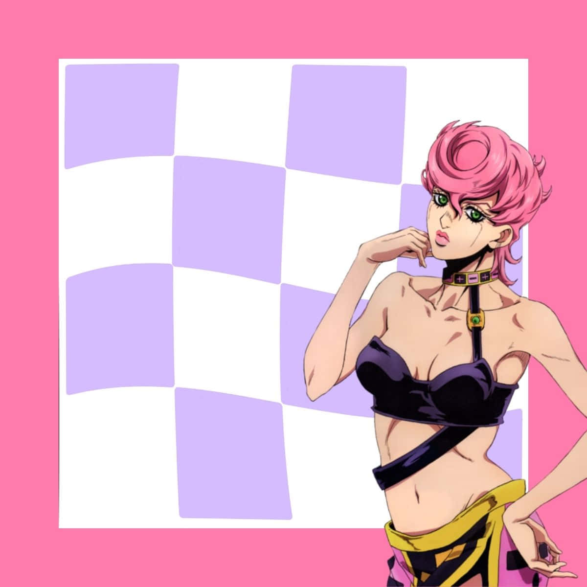 Trish Una 桌布 壁紙 — 一位粉紅色頭髮的動漫女性，身穿黑色上衣和黃色腰帶，在紫色和白色格仔背景前自信地擺姿勢。