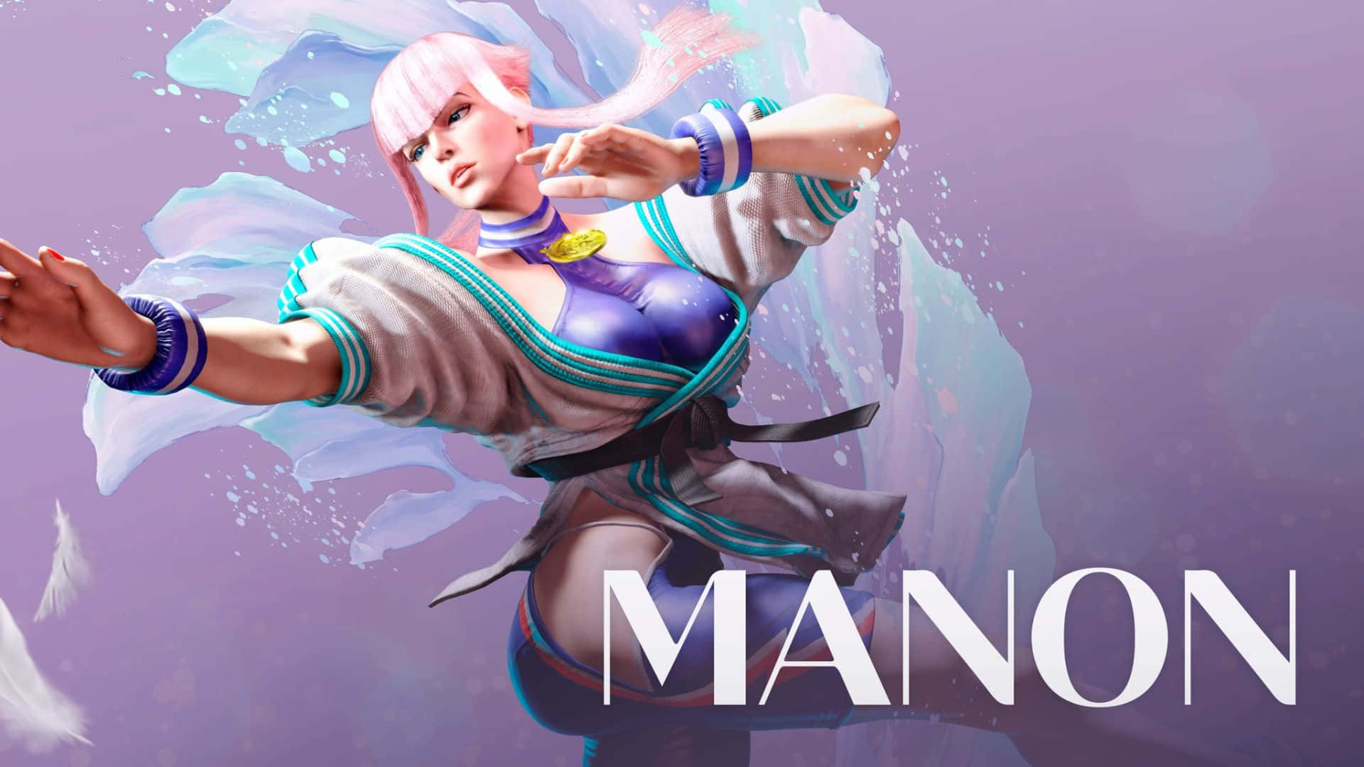 動漫戰士 Manon 正在行動，帶有發光的藍色能量效果。 — 街頭霸王 壁紙