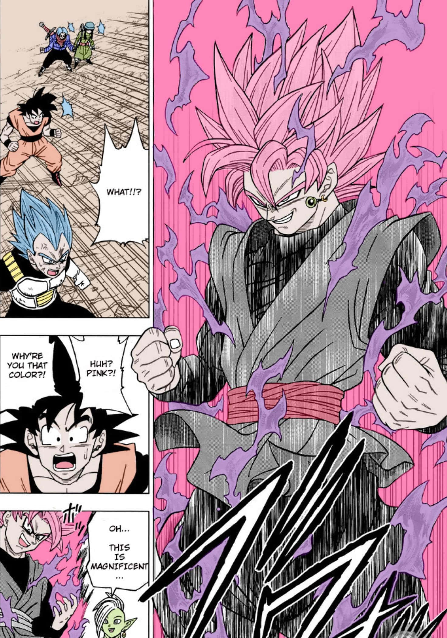 Dragon Ball Super Manga 桌布 壁紙 — 一位粉紅色頭髮的動漫戰士穿著黑色道服散發出紫色能量，而驚訝的角色在漫畫格中作出反應。