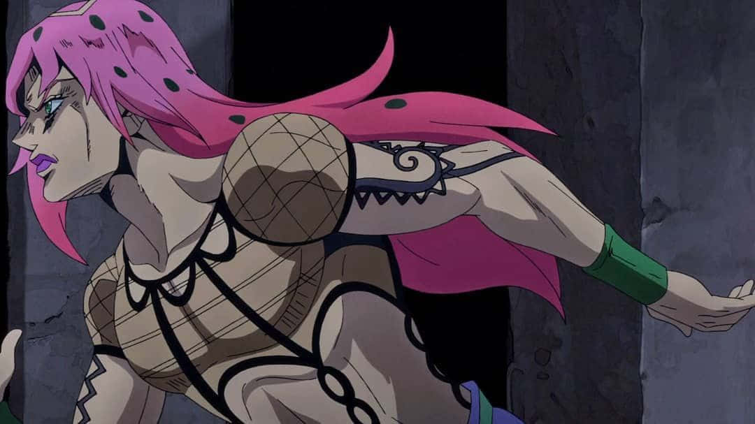 Jojo's Bizarre Adventure Diavolo 桌布 壁紙 — 一位粉紅色頭髮的動漫角色，帶著堅定的表情，在黑暗的石頭走廊中向前衝刺。