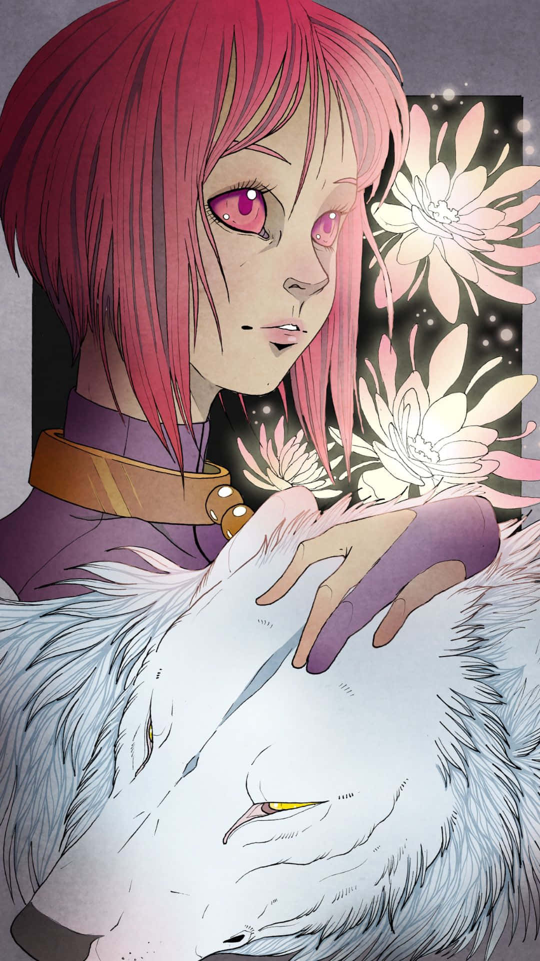Wolf's Rain Cheza 桌布 壁紙 — 一位粉紅色頭髮的動畫女孩輕輕抱著一隻正在睡覺的白狼，旁邊漂浮著發光的花朵。