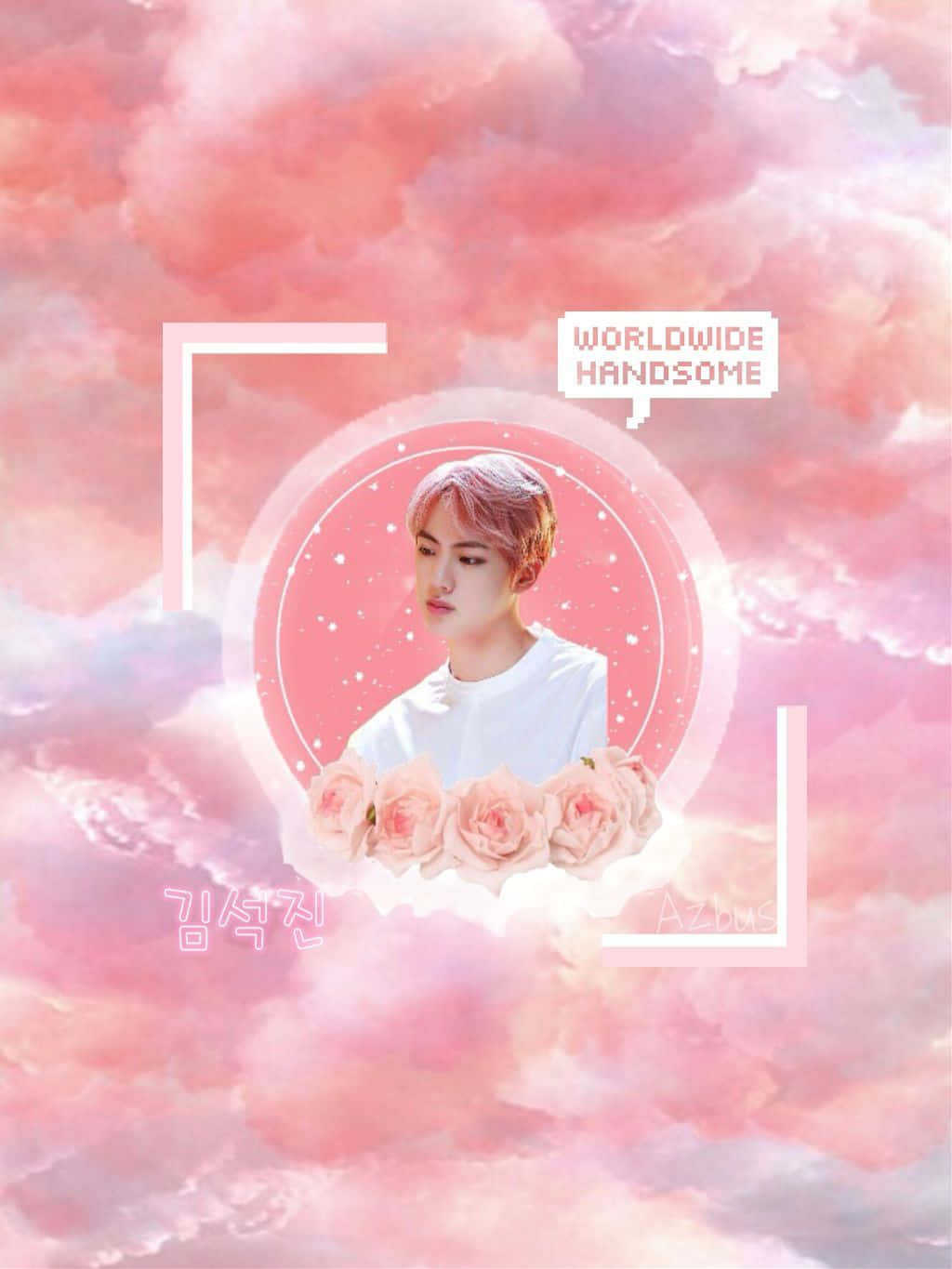 Soft Girl Aesthetic 桌布 壁紙 — 一位粉紅色頭髮的年輕男子漂浮在夢幻般的粉紅雲朵中，周圍環繞著玫瑰和發光文字。