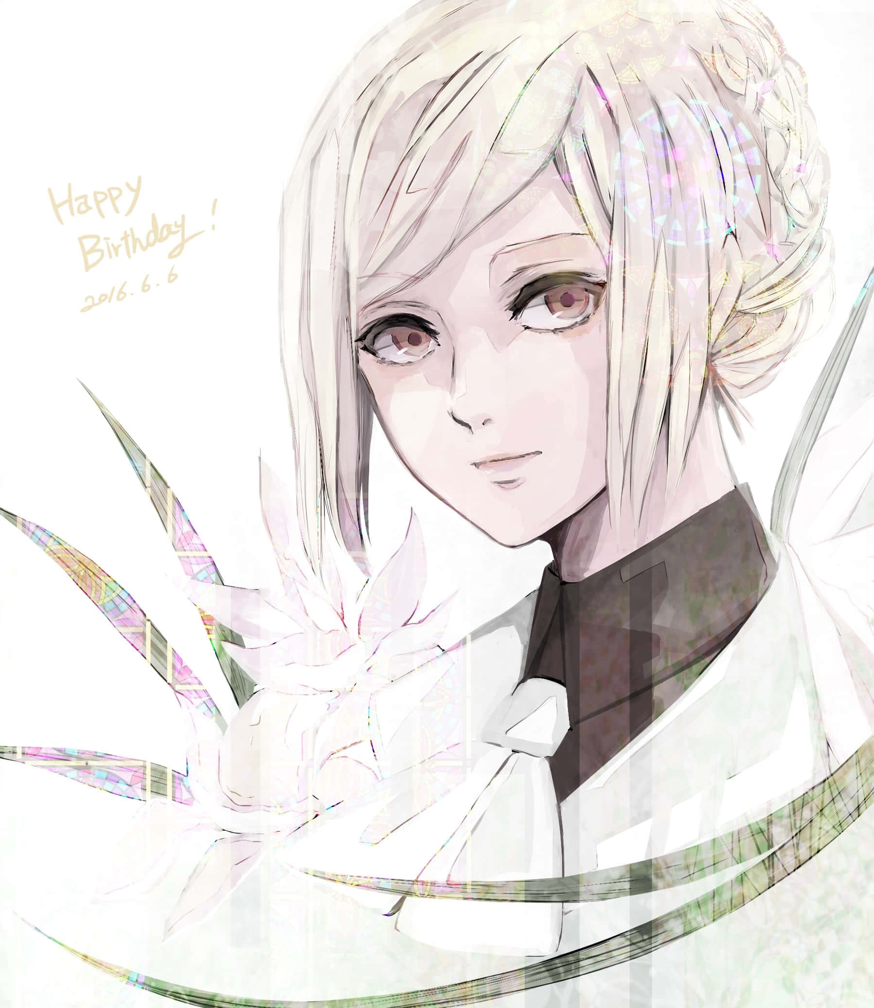 Akira Mado 桌布 壁紙 — 一位精緻的動漫女孩，銀色頭髮和柔和粉紅色的眼睛，在明亮的背景下拿著一朵發光的白色花朵。