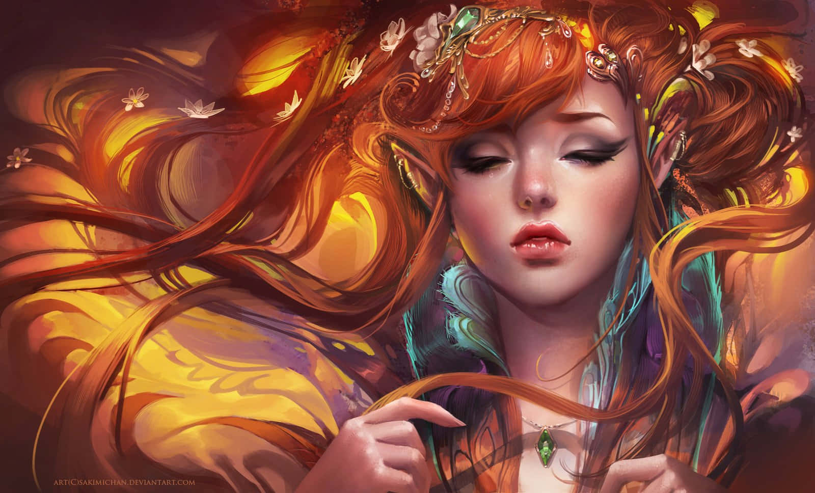 Beautiful Artistic 桌布 壁紙 — 一位精靈，擁有流動的火焰般的頭髮，飾有鮮花和珠寶，在溫暖發光的背景下柔和地凝視。