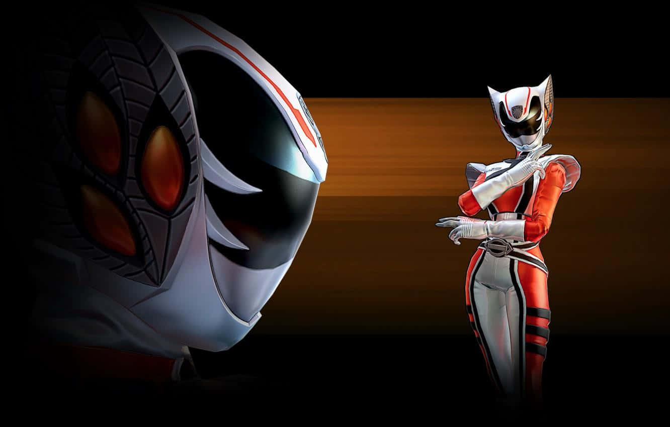 Power Rangers 桌布 壁紙 — 一位紅白裝甲英雄自信地站在一個有發光橙色眼睛的大頭盔旁邊，背景是深色漸變。