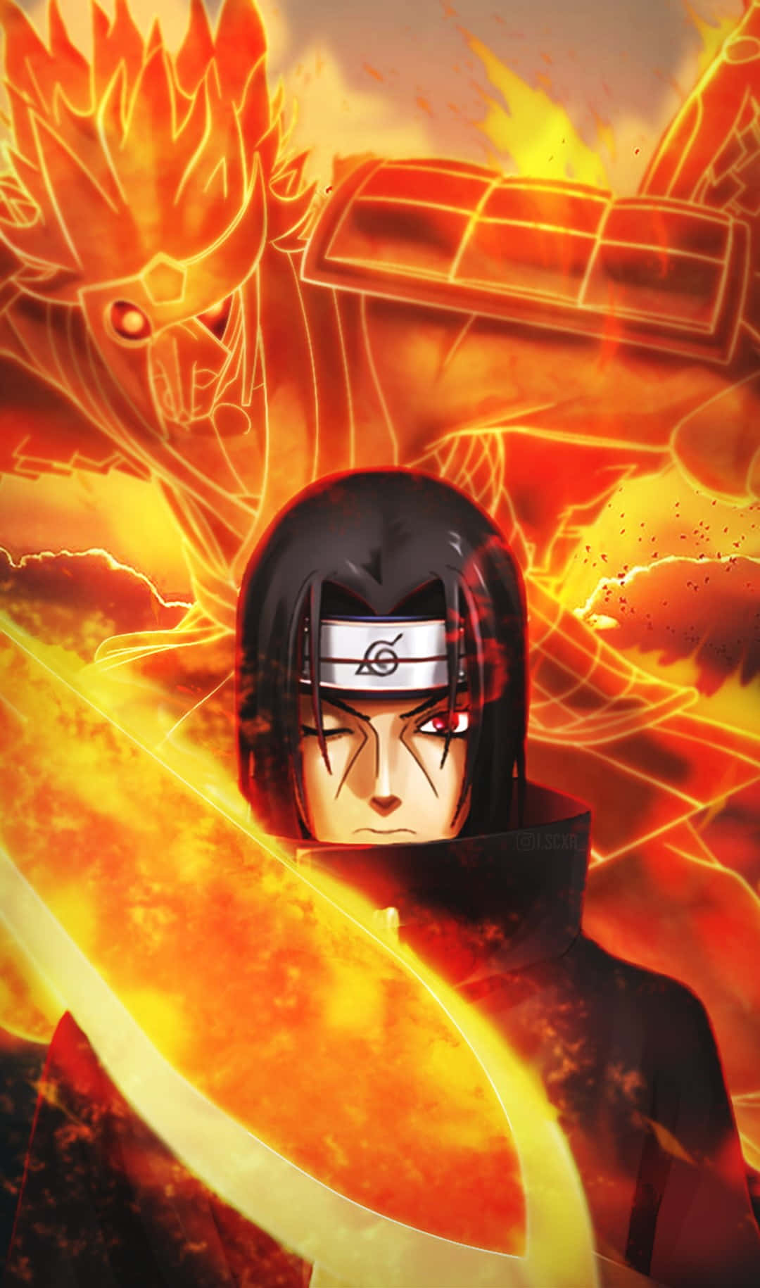 Akatsuki Poster 桌布 壁紙 — 一位紅眼黑髮的忍者揮舞著一把發光的劍，周圍環繞著熾熱的查克拉火焰和一個幽靈般的狐狸狀實體。