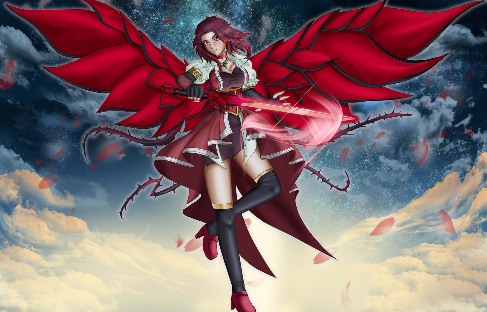 Akiza Izinski 桌布 壁紙 — 一位紅翼動漫戰士，擁有帶刺的手臂和發光的劍，在充滿飄落花瓣的暴風雨中翱翔。