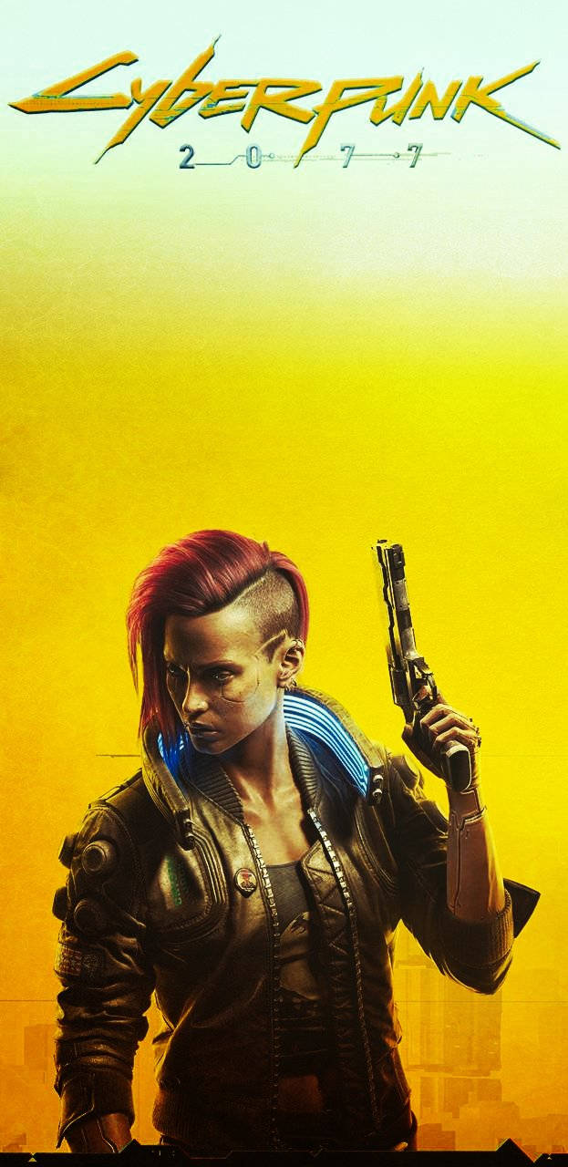 Cyberpunk 2077 女性主角，紅色莫西干頭，在霓虹黃光中握著手槍。 — 電馭叛客2077 壁紙